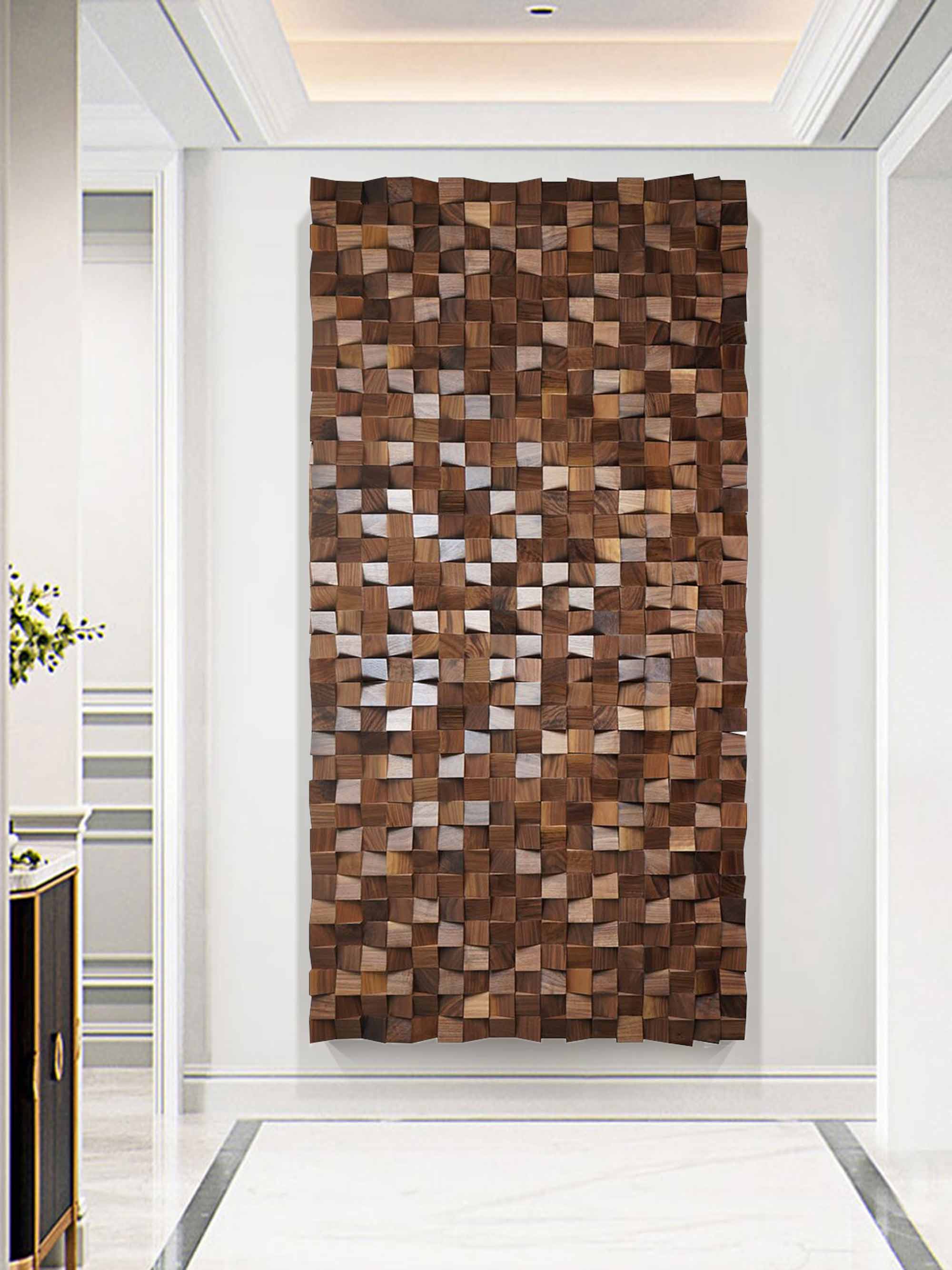 Hand-Painted Brown Wood Carving Wall Art: Geometric Wood Decor Art