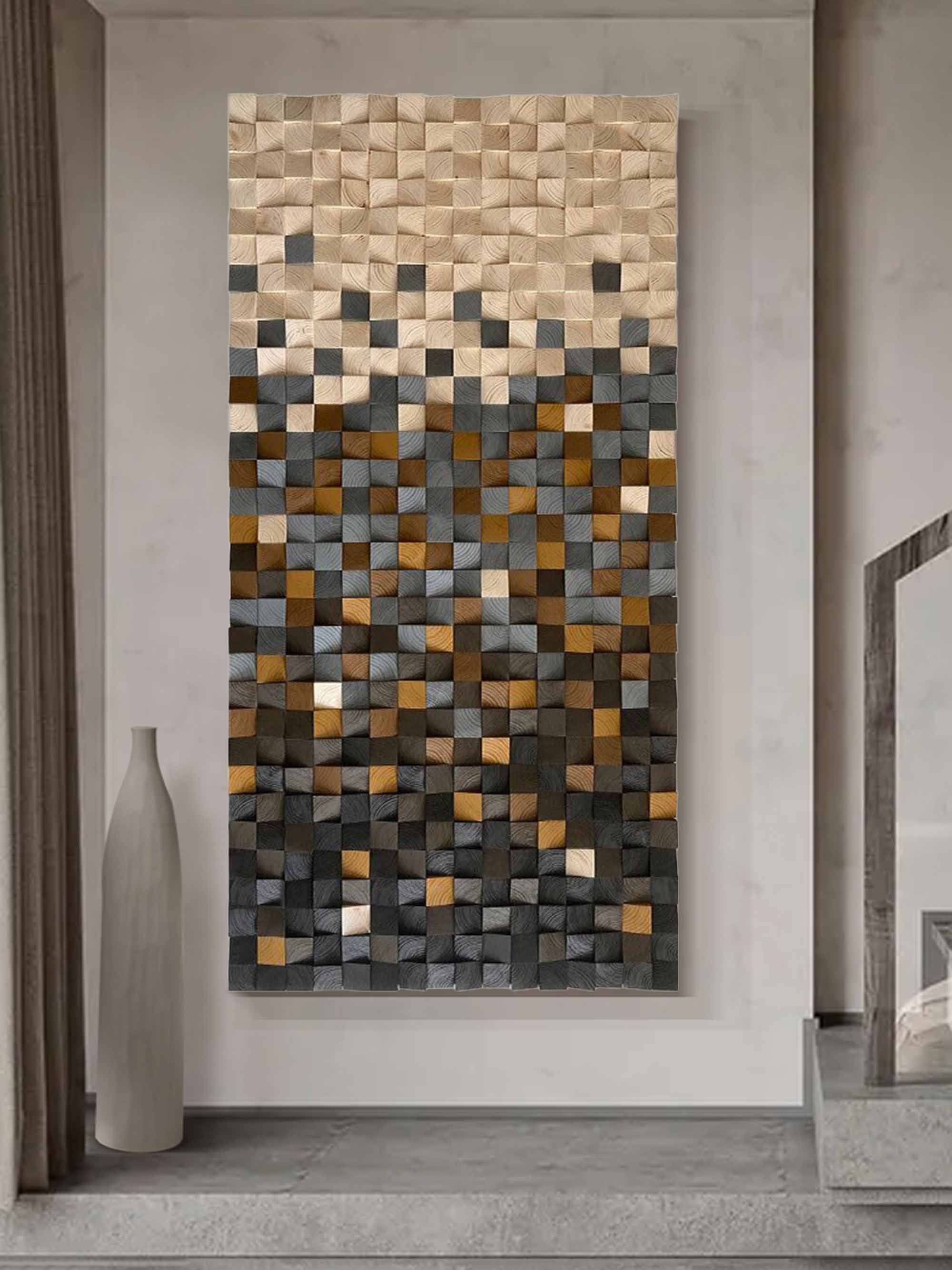 Hand-Painted Wood Carving Wall Art: Geometric Wood Decor Art