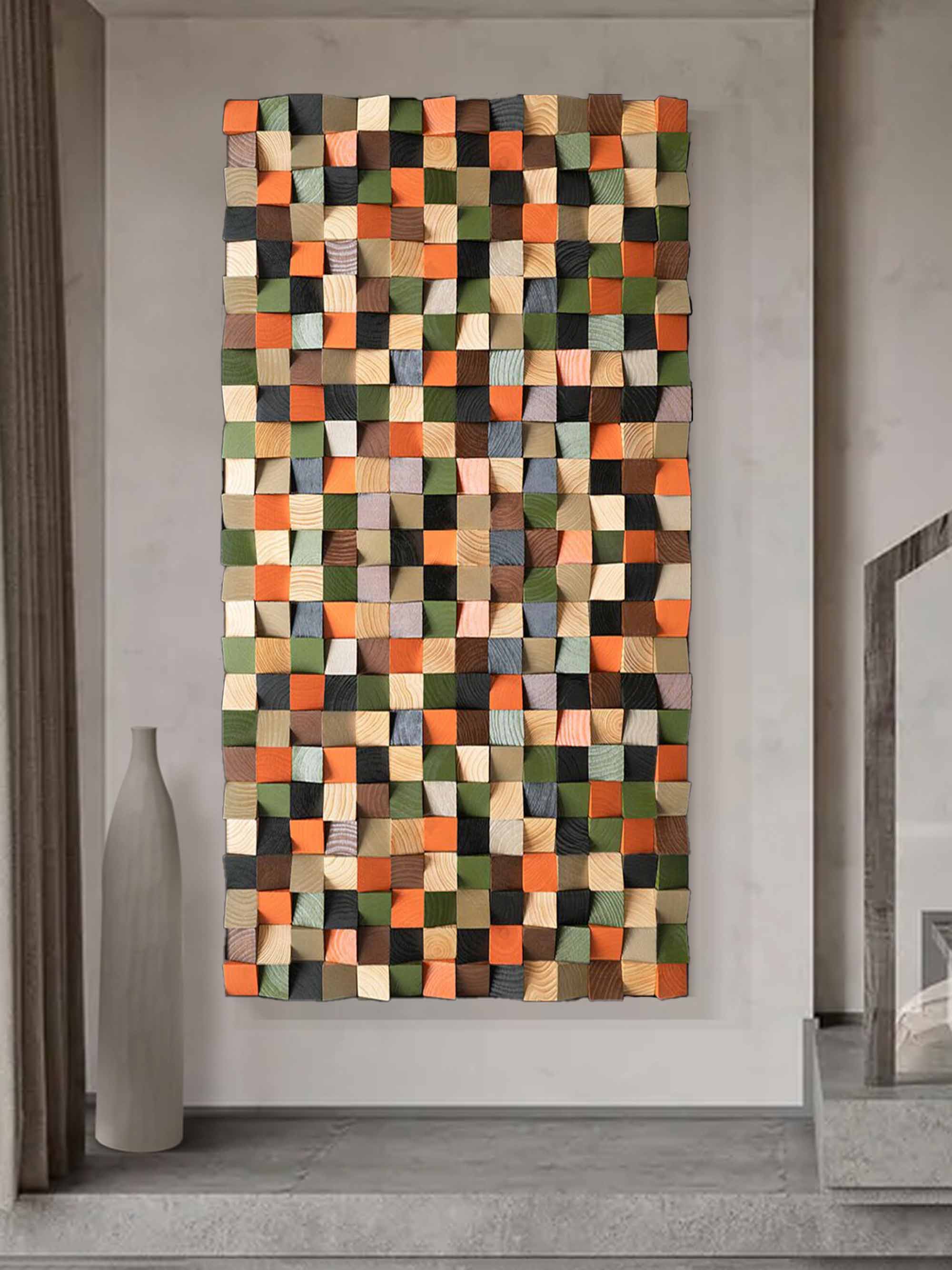 Colorful Geometric Wood Decor Art Textured Wall Sculpture Decor Painting