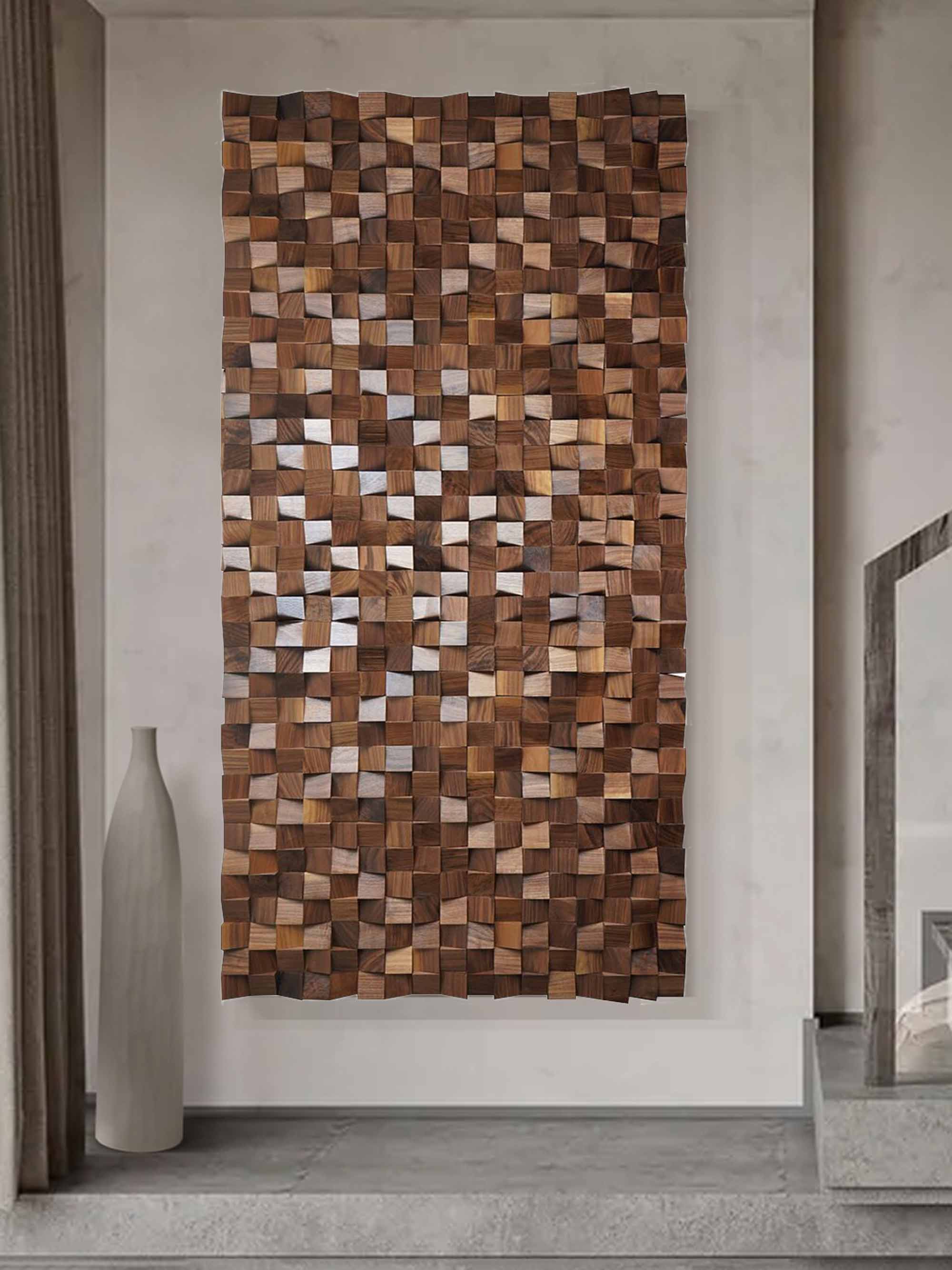 Hand-Painted Brown Wood Carving Wall Art: Geometric Wood Decor Art