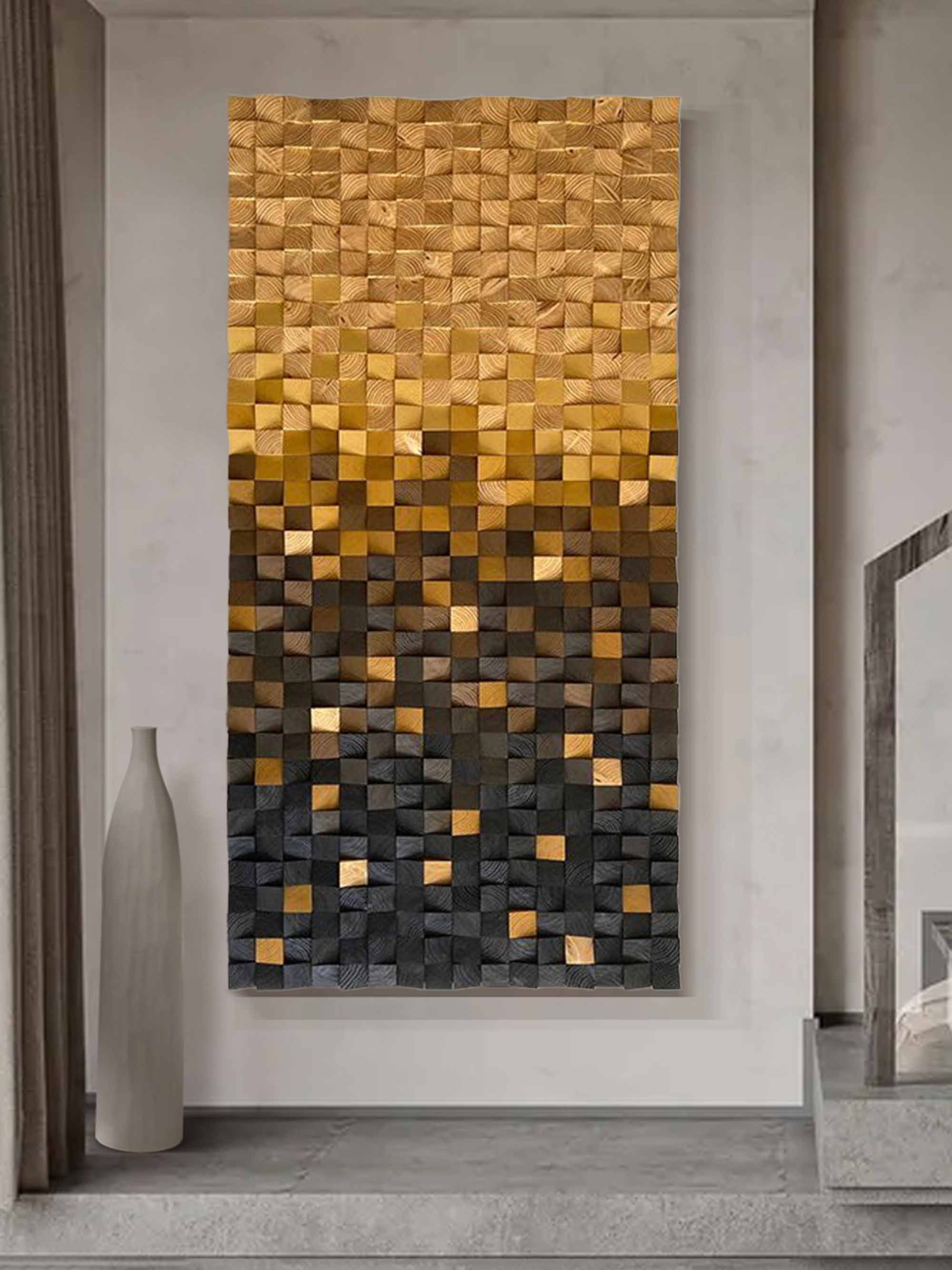 Gold Geometric Wood Decor Art Textured Wall Sculpture Decor Painting