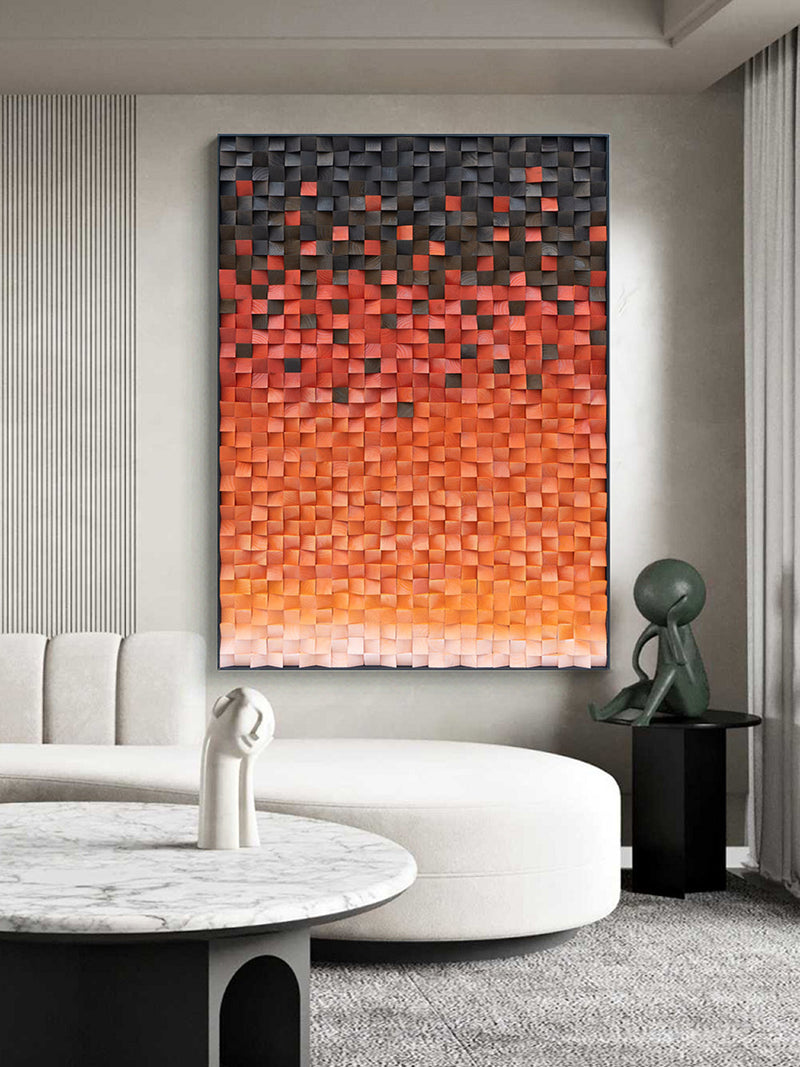Wood Collage Wall Art decor orange color Sculptured Textured Wall Art 