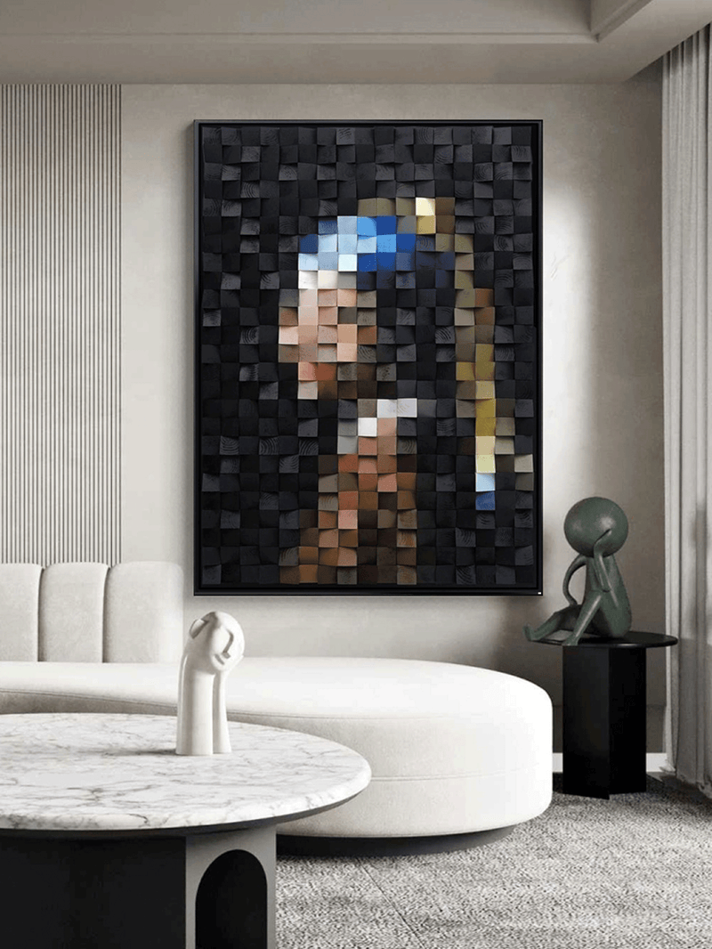 Art Portrait of Girl with Pearl Earring Geometric Wood Art Sculptured art Painting Wood Block Art