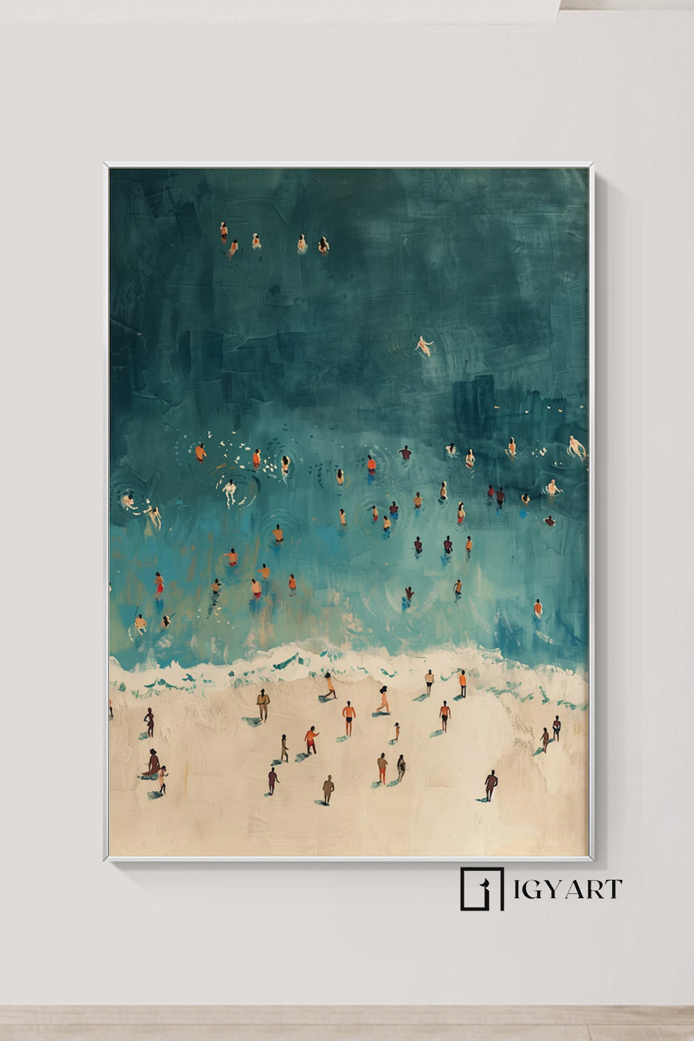 Tiny People Swimming in Ocean Hand-painted oil painting, swimming painting Summer Poster, Beach House Decor