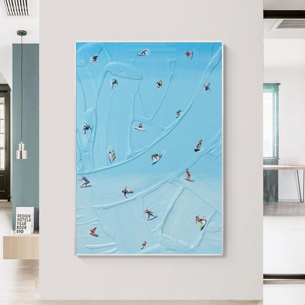 Large Blue surfing painting Wall Art Blue Minimalist Abstract Painting Light Blue surfing Abstract painting