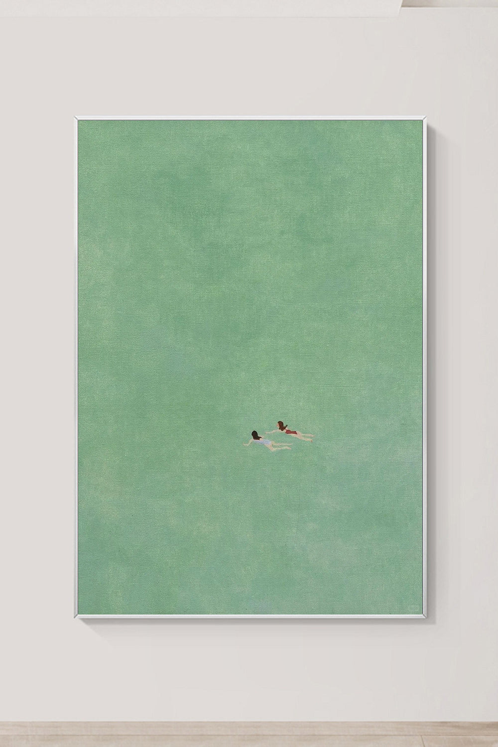 two girls swimming painting,Swimming Drawing Large green wall art, Green Minimalist Painting, holiday style wall art