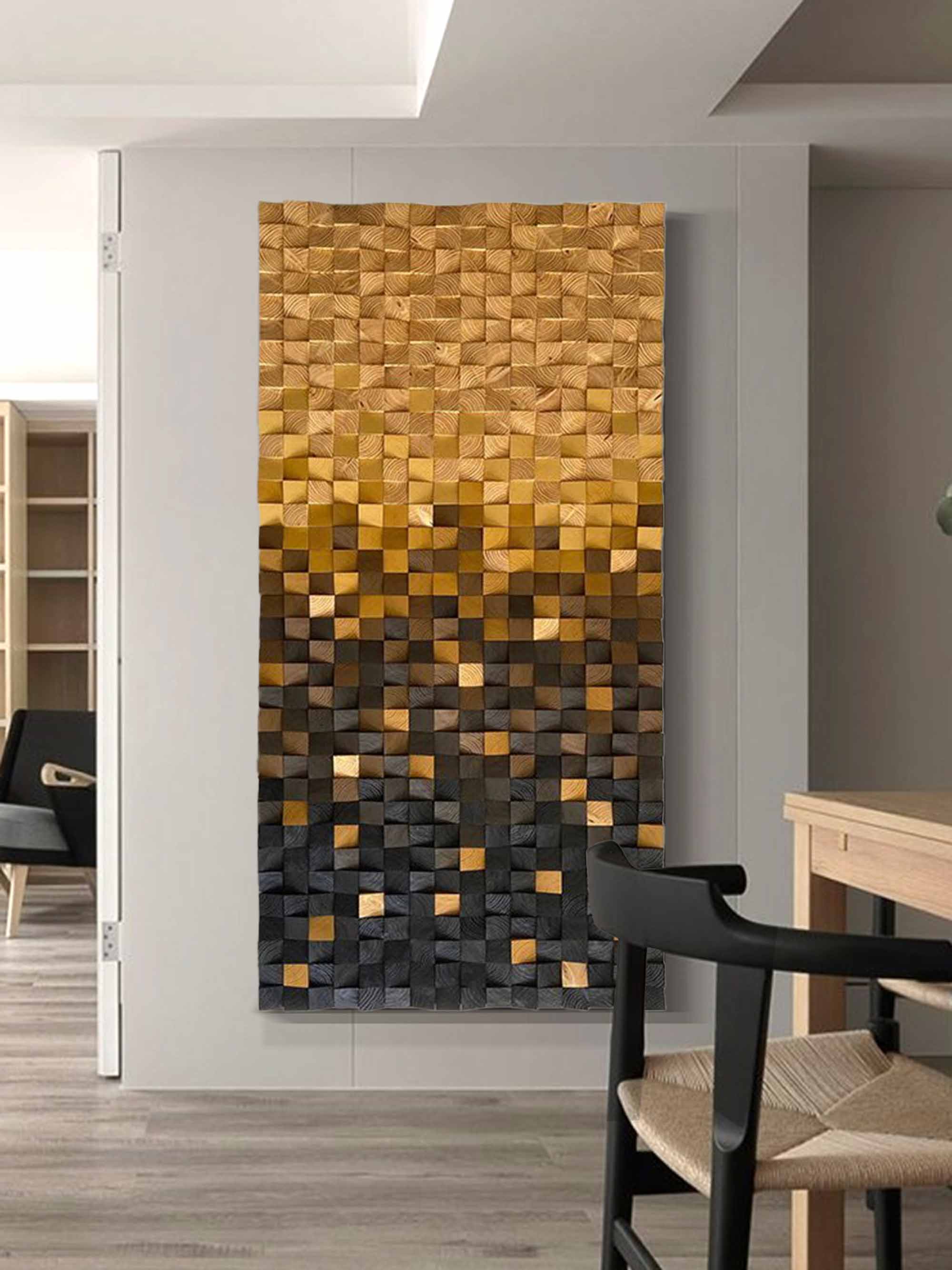 Gold Geometric Wood Decor Art Textured Wall Sculpture Decor Painting