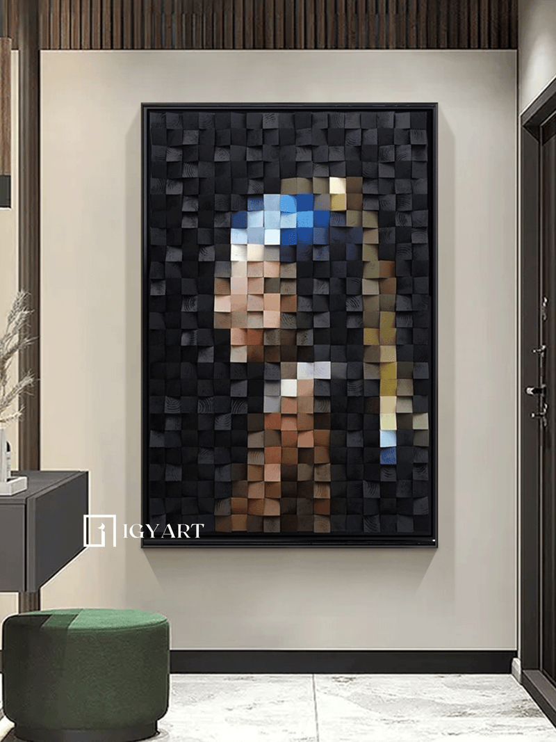 Art Portrait of Girl with Pearl Earring Geometric Wood Art Sculptured art Painting Wood Block Art