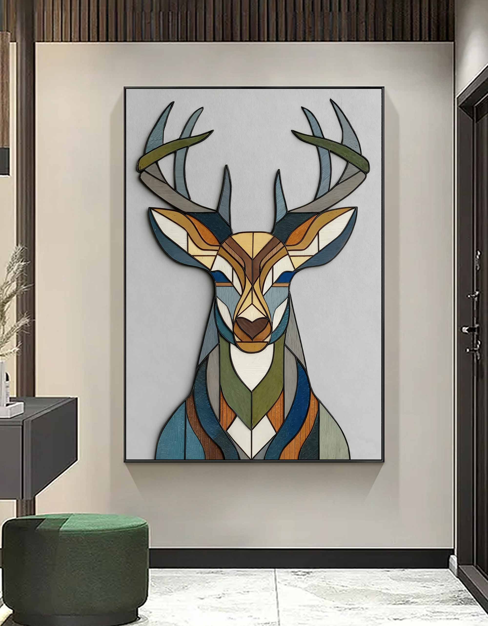 Geometric deer head wood wall art Stained wood style deer wall decor