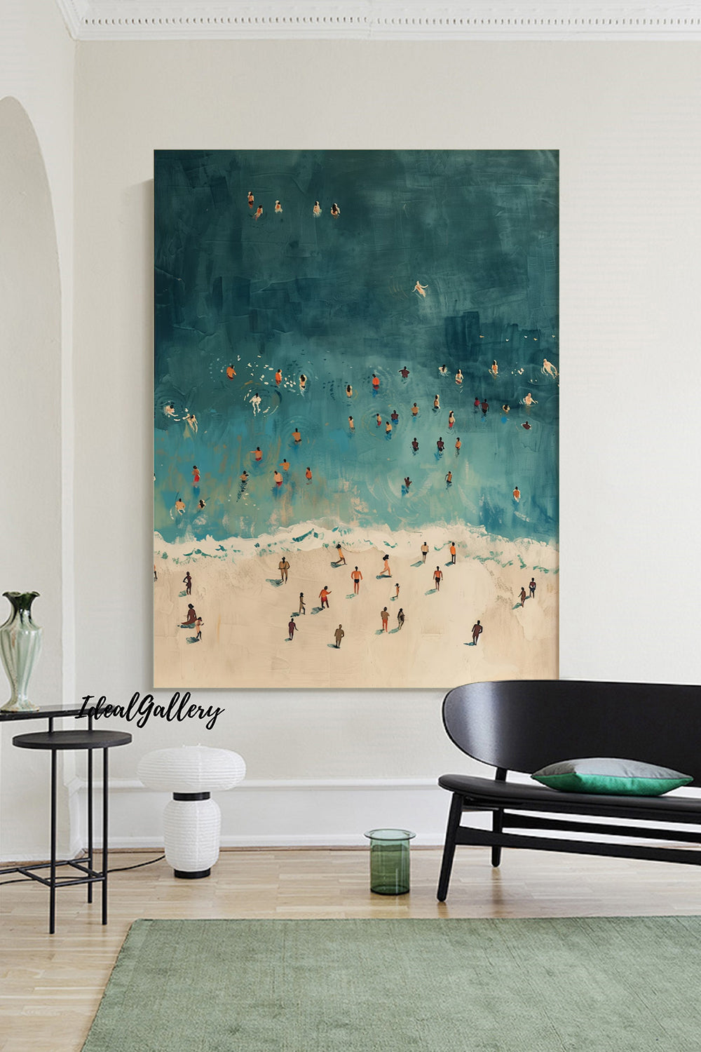 Tiny People Swimming in Ocean Hand-painted oil painting, swimming painting Summer Poster, Beach House Decor