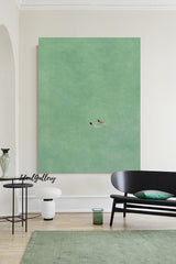 two girls swimming painting,Swimming Drawing Large green wall art, Green Minimalist Painting, holiday style wall art