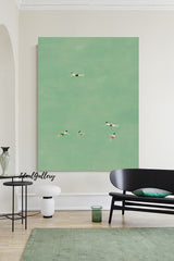 Family swimming painting,Swimming Drawing Large green wall art, Green Minimalist Painting, holiday style wall art