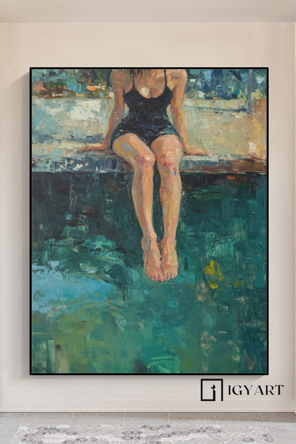 Woman by the pool canvas wall art impressionist oil painting relaxing summer tranquil art home decor