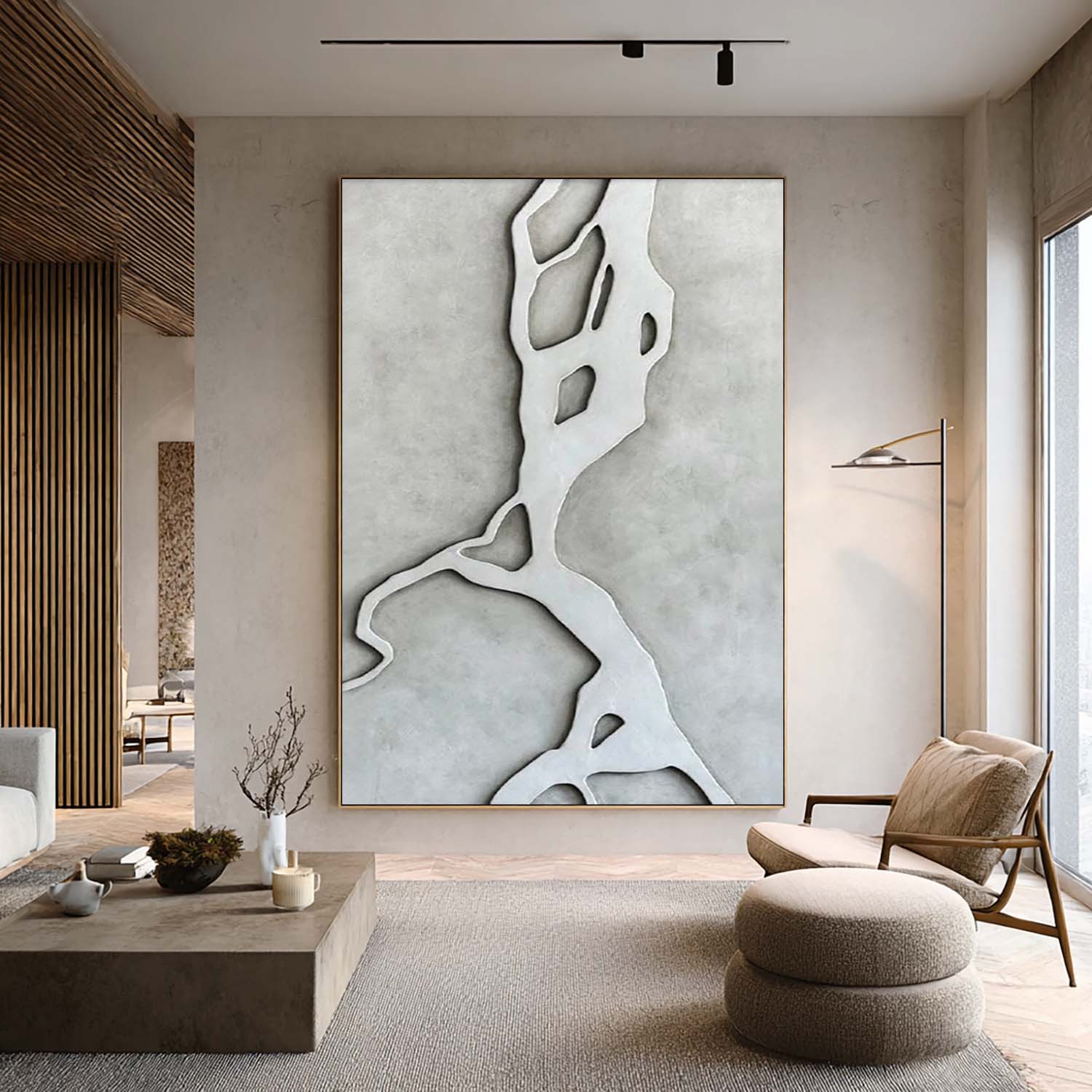Large 3D Wood Carving Wall Art - Abstract Minimalist Relief Sculpture for Living Room