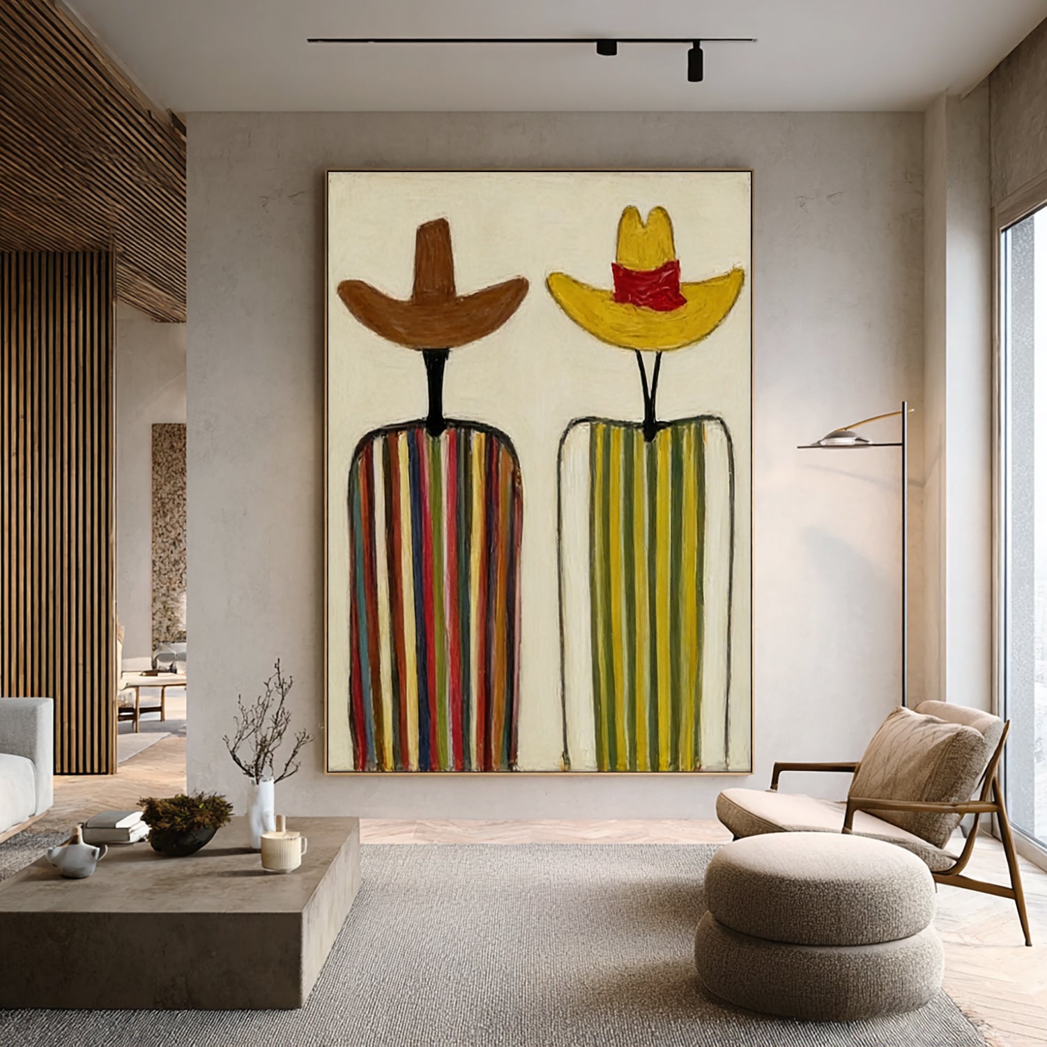 Modern Abstract Cowboy Oil Painting - Hand-Painted Minimalist Figures in Sombreros