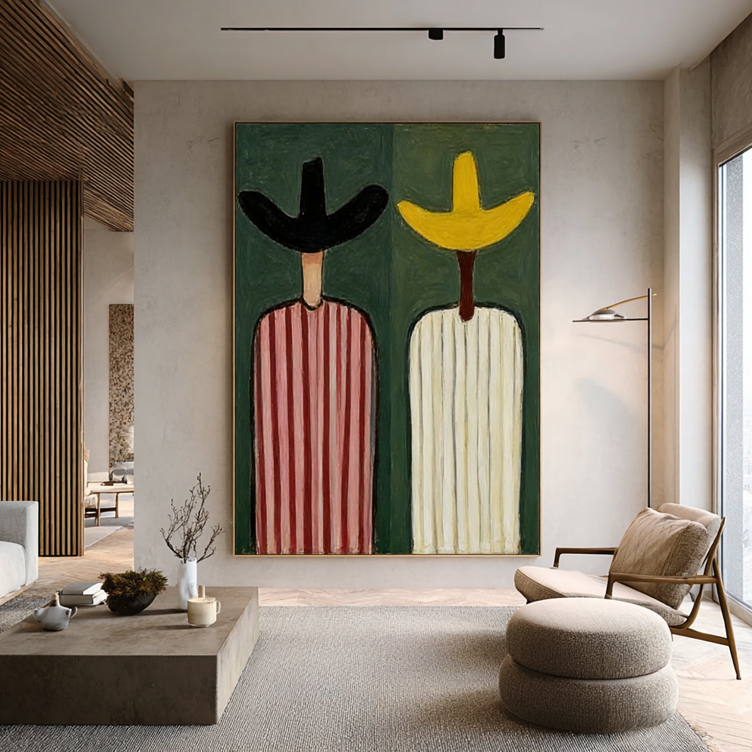 Modern Abstract Cowboy Oil Painting - Mid-century modern colorful striped figures