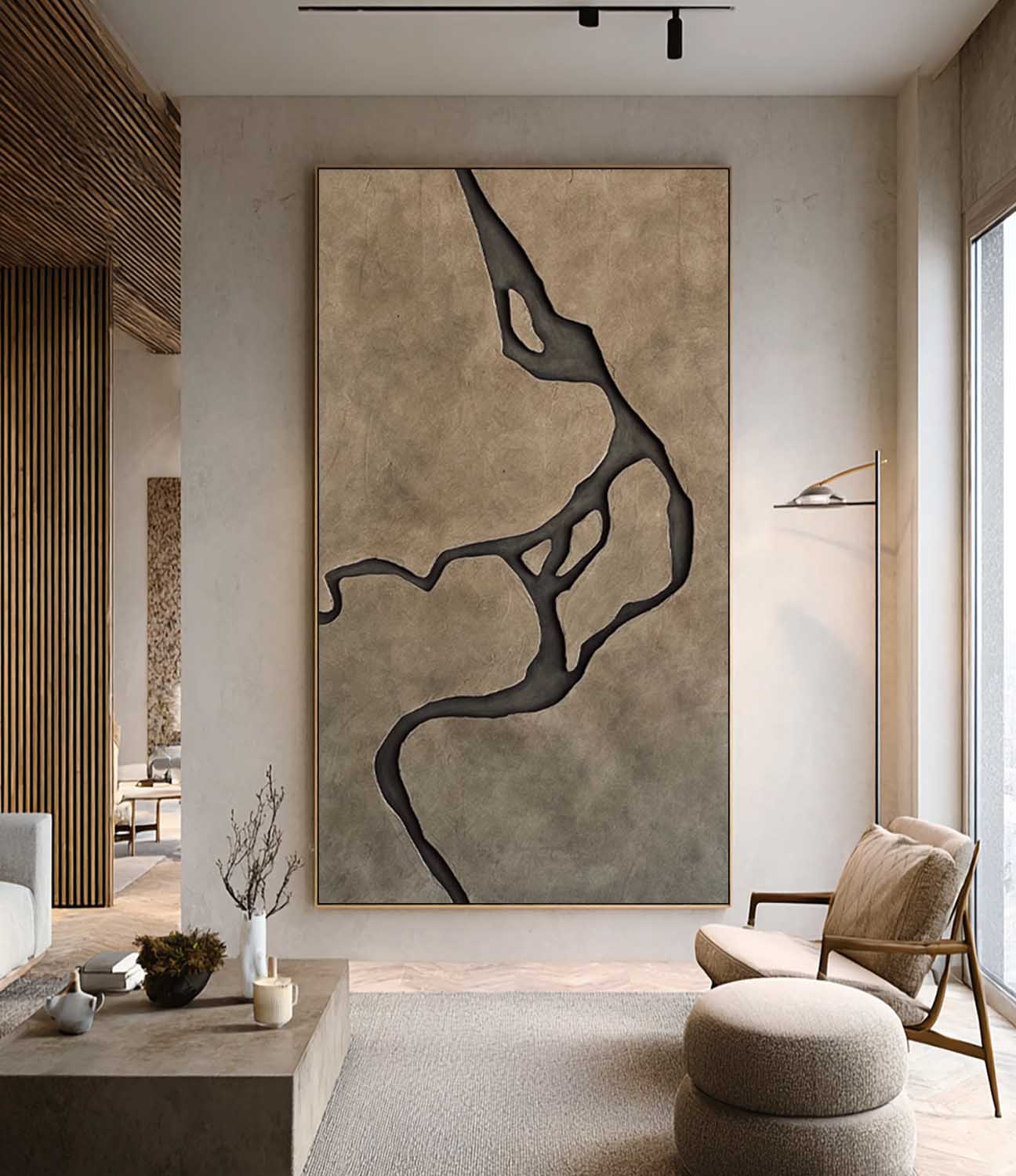 Large 3D Wood Carving Wall Art - Modern Terracotta Textured Painting for Living Room