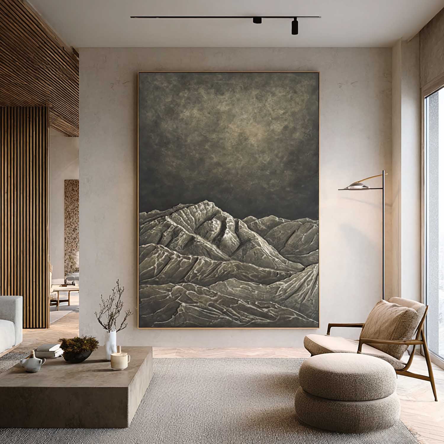 Large abstract mountain painting in a modern living room.