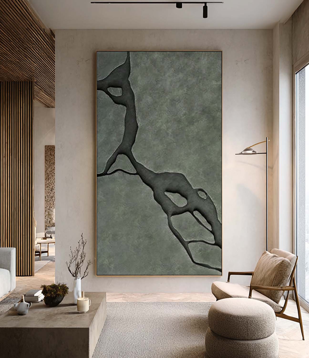 Green 3D Wood Carving Wall Art - Modern Olive Green Textured Painting for Living Room