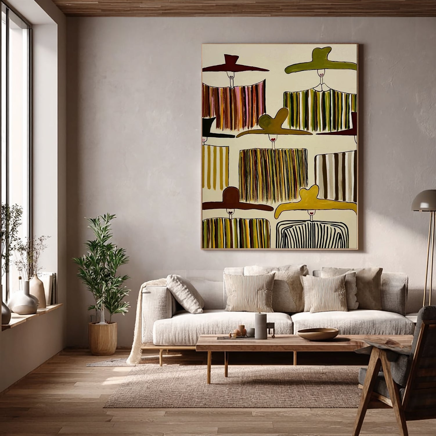Hand-Painted Abstract Portrait Oil Painting - Modern Chic Women in Wide-Brimmed Hats