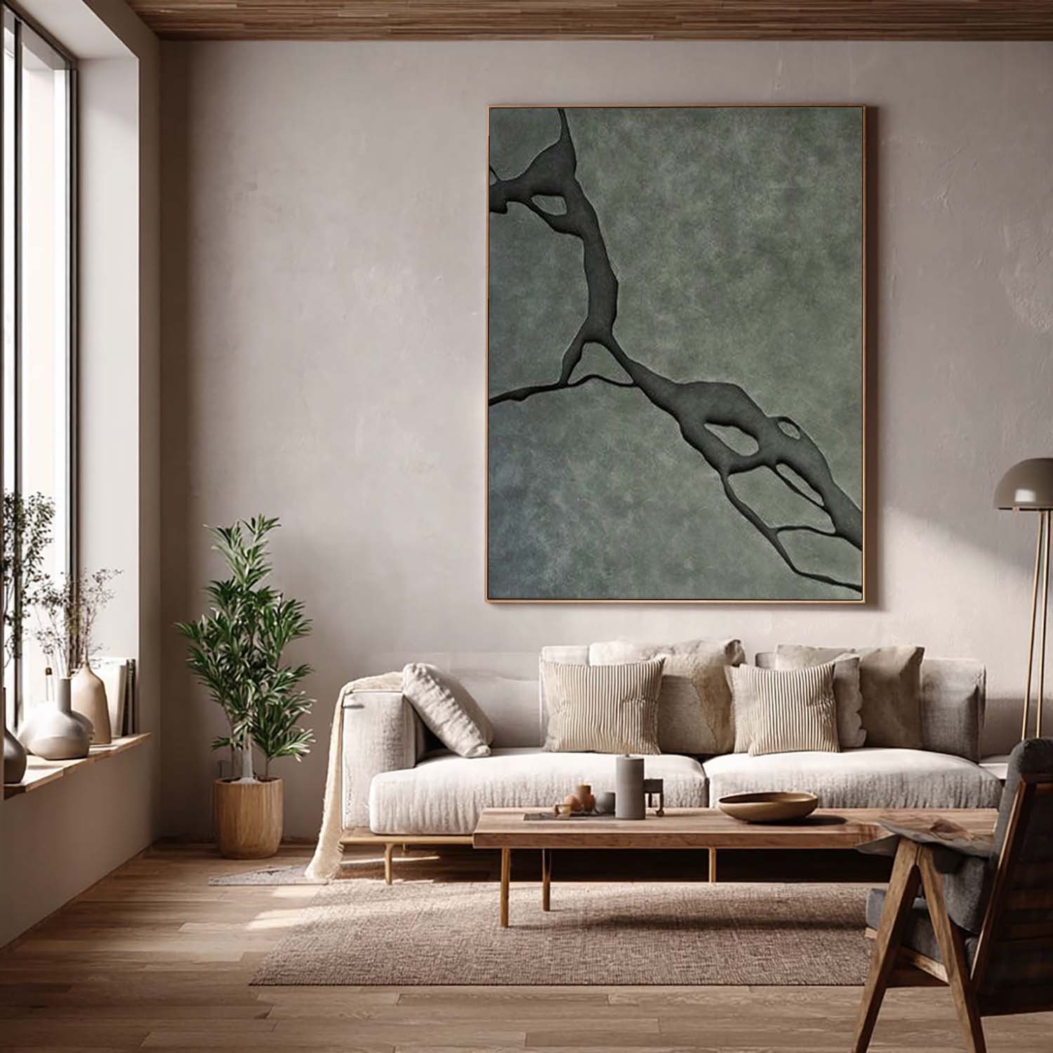 Modern Olive Green 3D Wood Wall Art Minimalist Wood Carving Wall Decor