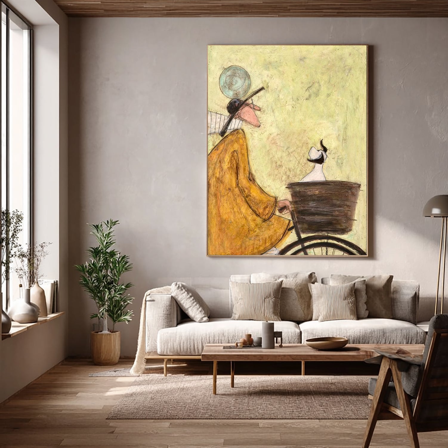 Hand-Painted Vintage Mid-Century Style Bicycle Wall Art | Whimsical Textured Canvas Painting
