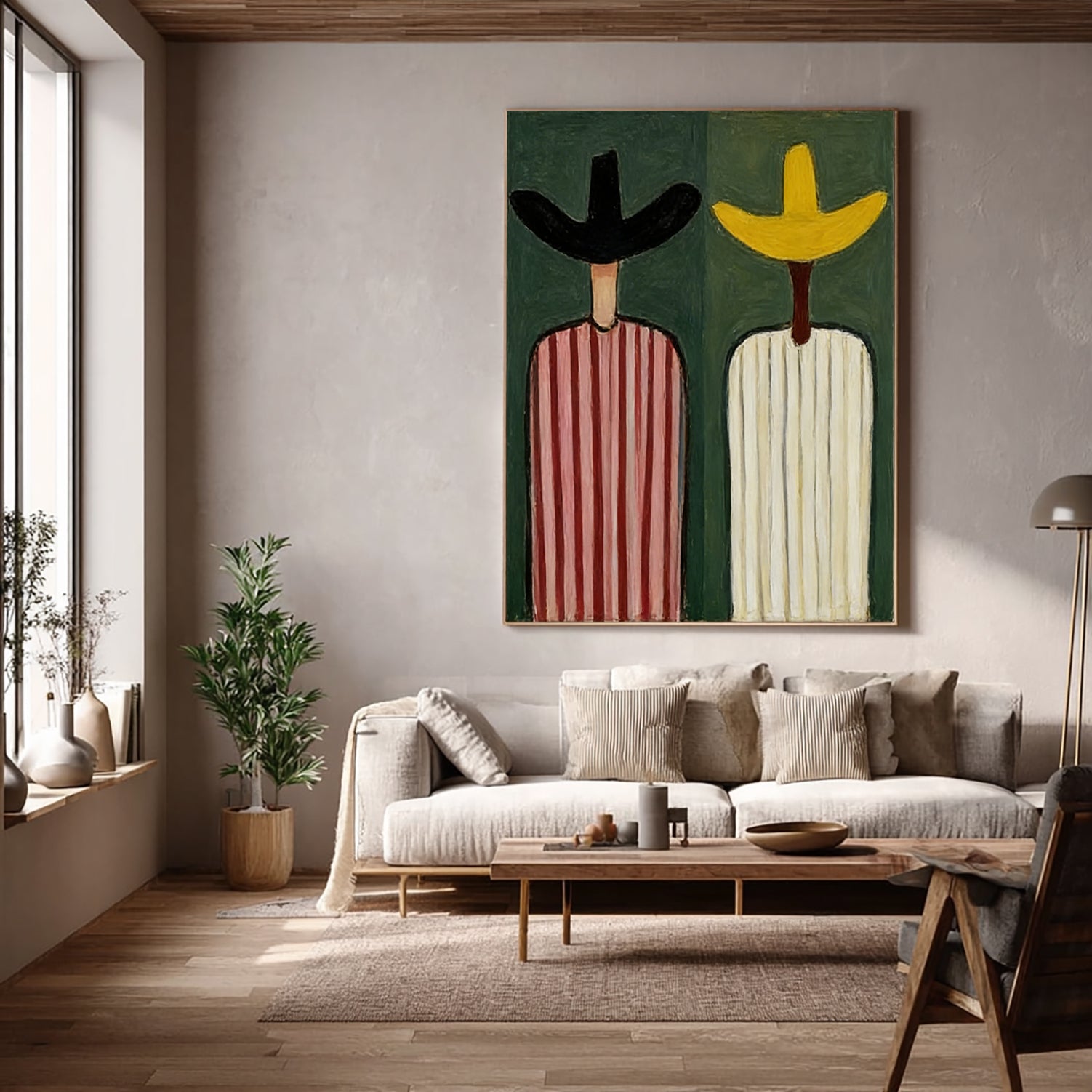 Modern Abstract Cowboy Oil Painting - Mid-century modern colorful striped figures