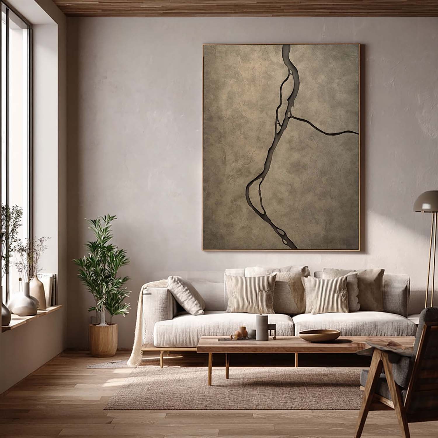 Hand-Sculpted Wabi-Sabi Wood Art - Abstract Earth Vein Texture Painting For Living Room Decor