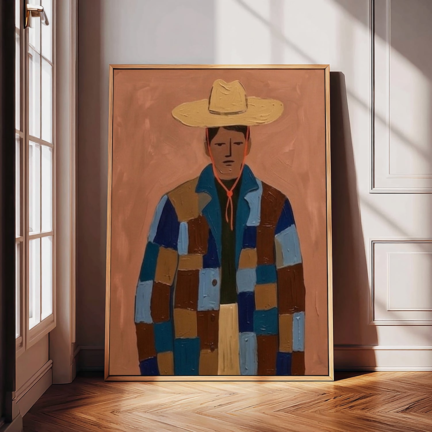 Modern Portrait Oil Painting , Abstract Man in Patchwork Jacket Canvas Art, Japandi Wall Decor