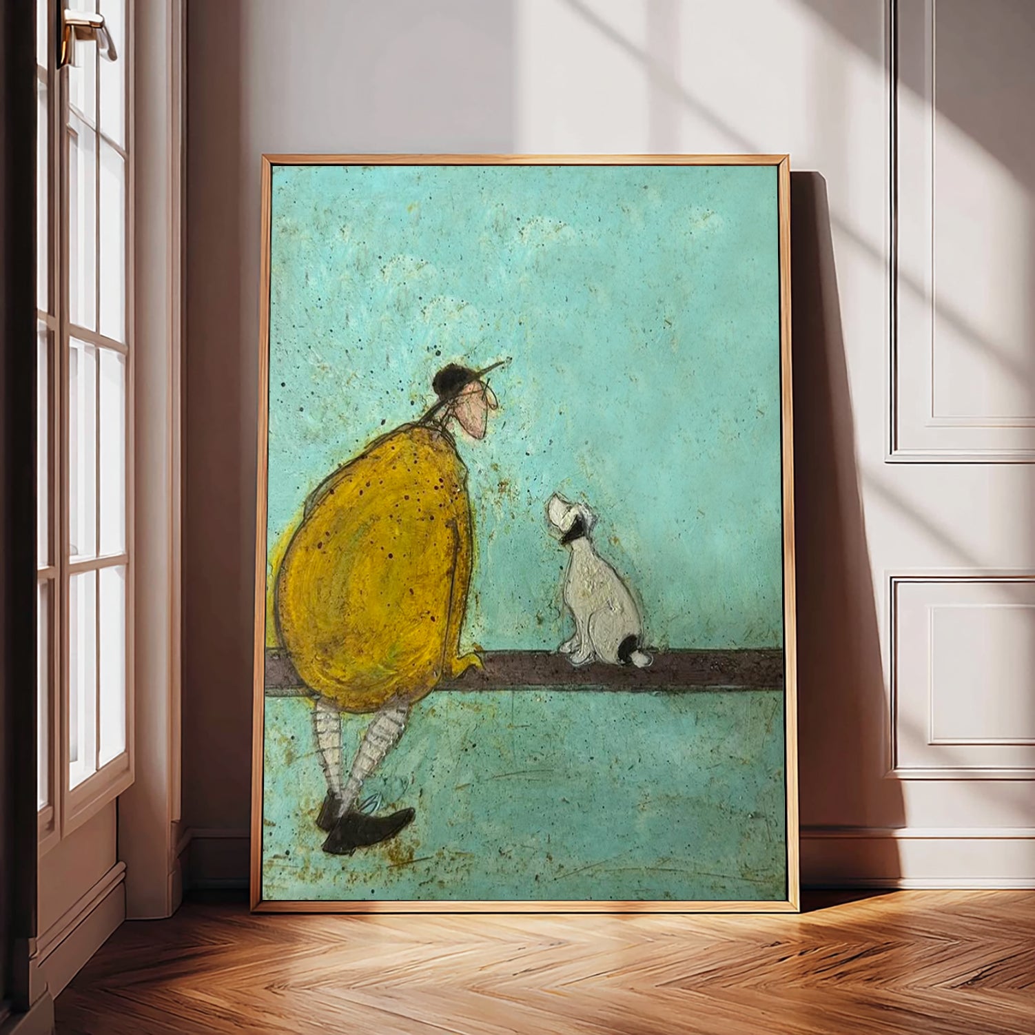 Whimsical Man and Loyal Dog Canvas Wall Art - Modern Minimalist Palette Knife Oil Painting for Living Room
