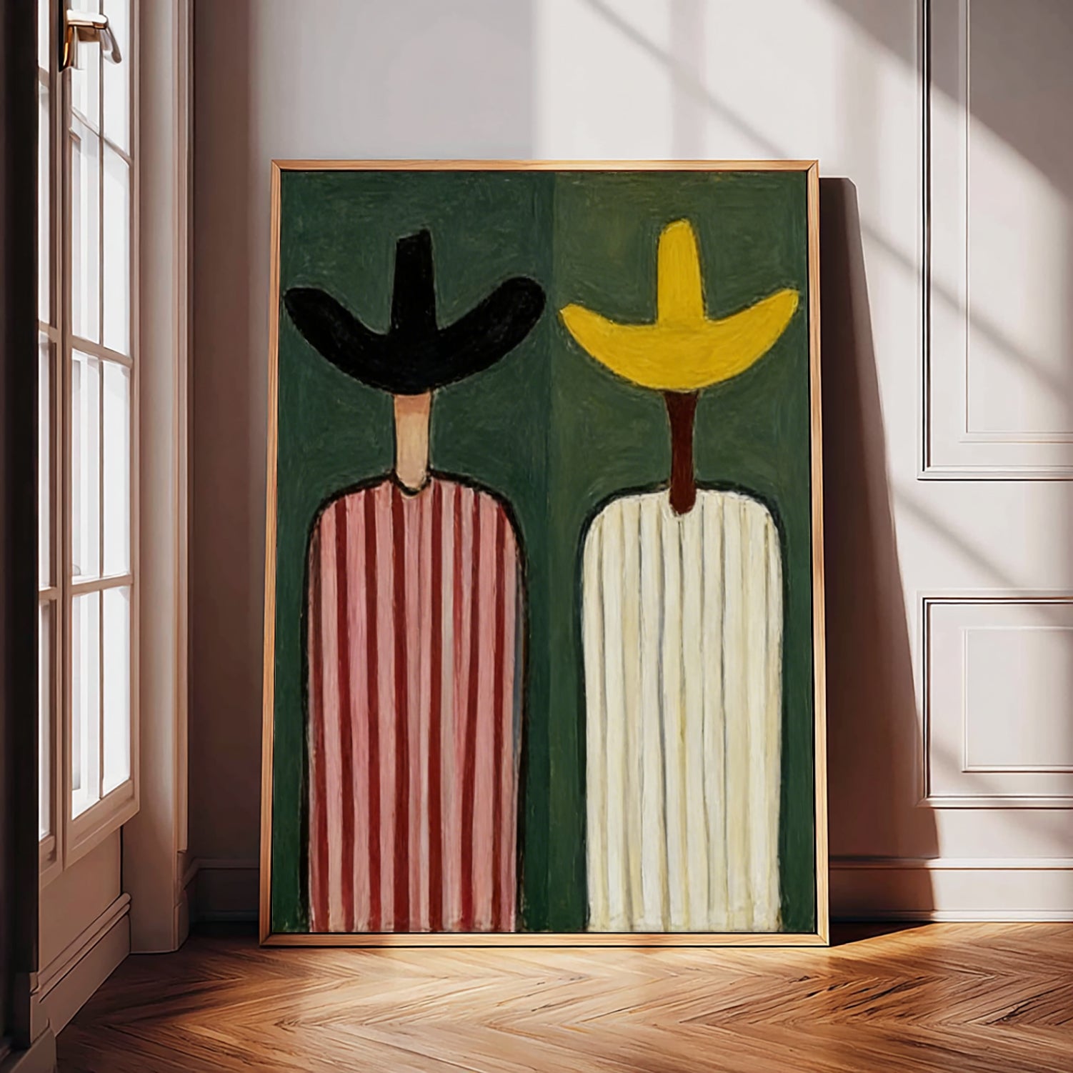 Modern Abstract Cowboy Oil Painting - Mid-century modern colorful striped figures