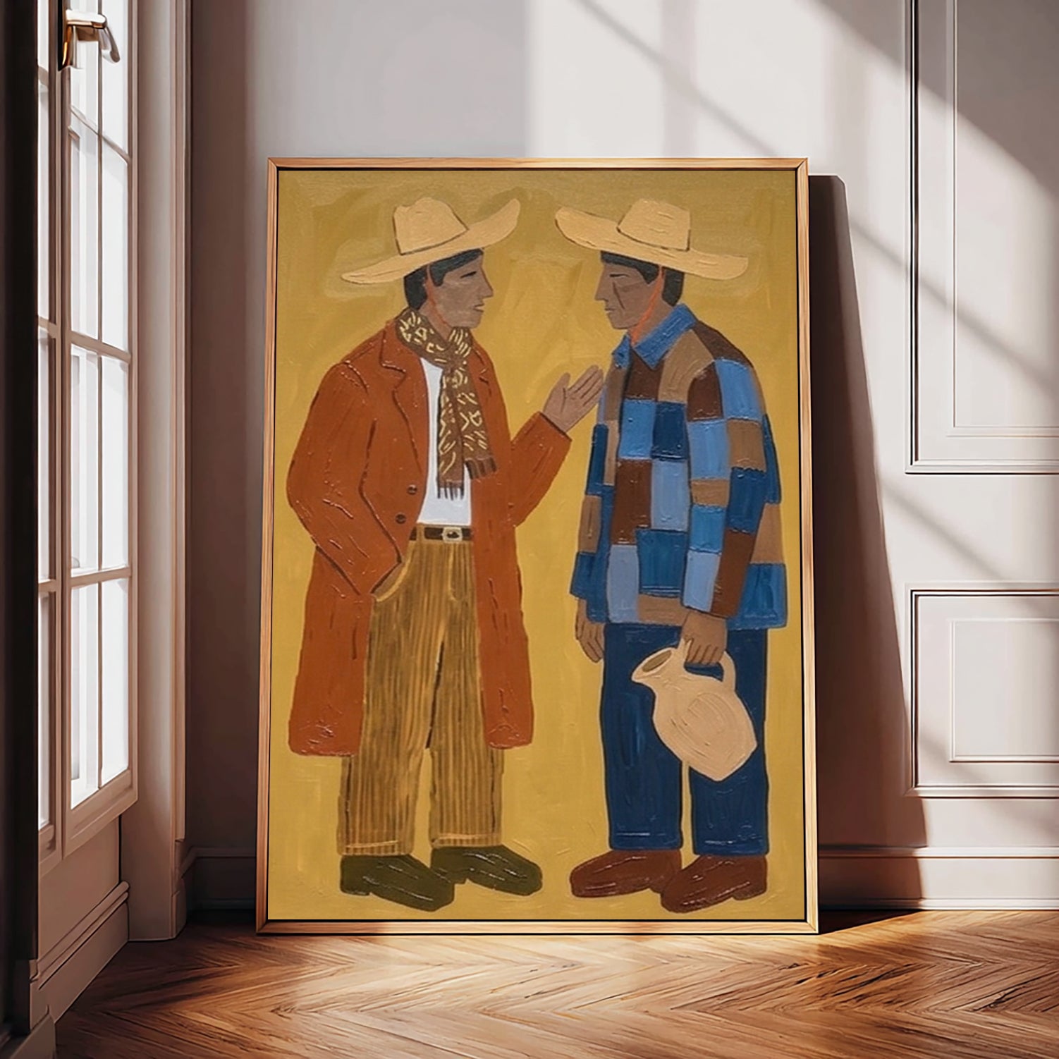 Abstract figure Art, Two Men in Straw Hats Painting, Mid Century Modern Rustic Folk Wall Decor