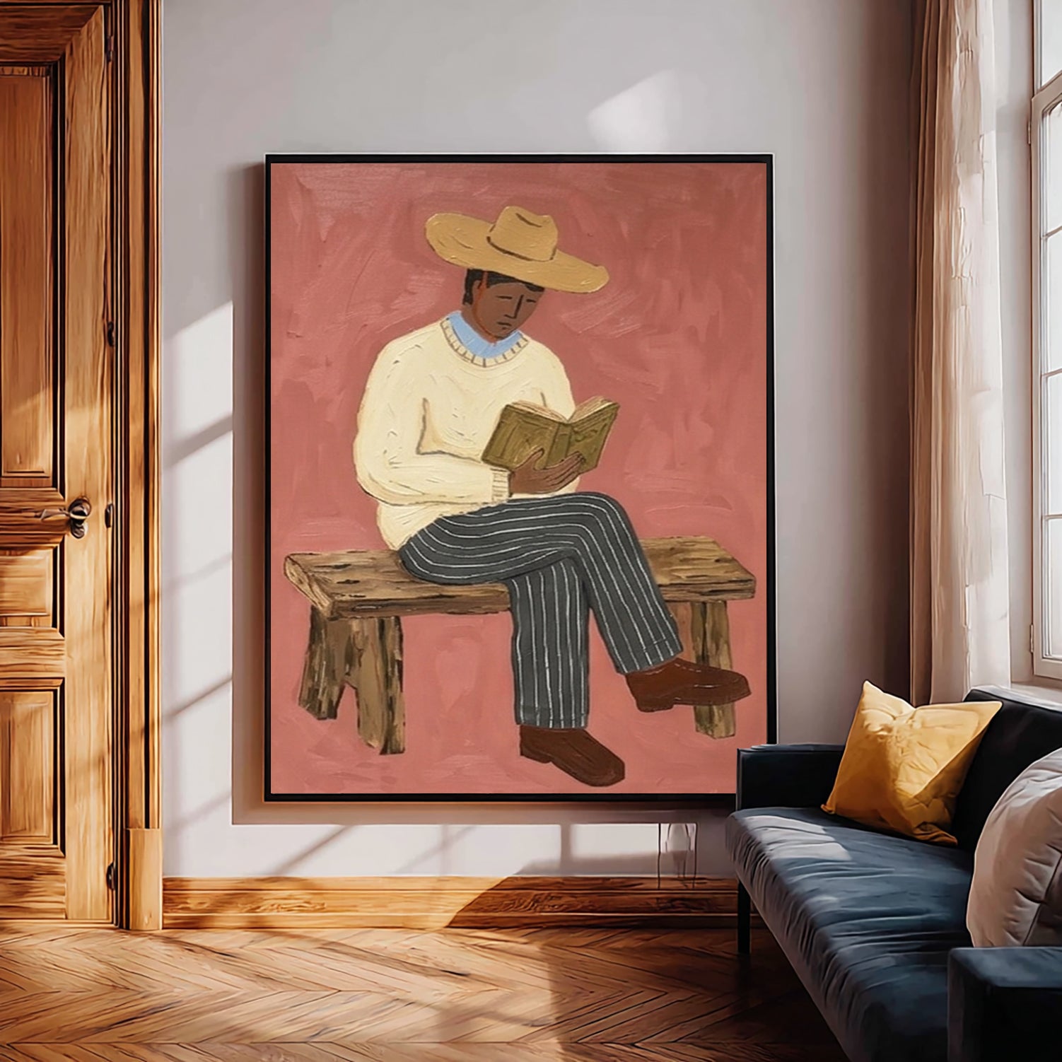 Modern Rustic Male Portrait Painting, Japandi Home Decor, Book Lover Gift Canvas