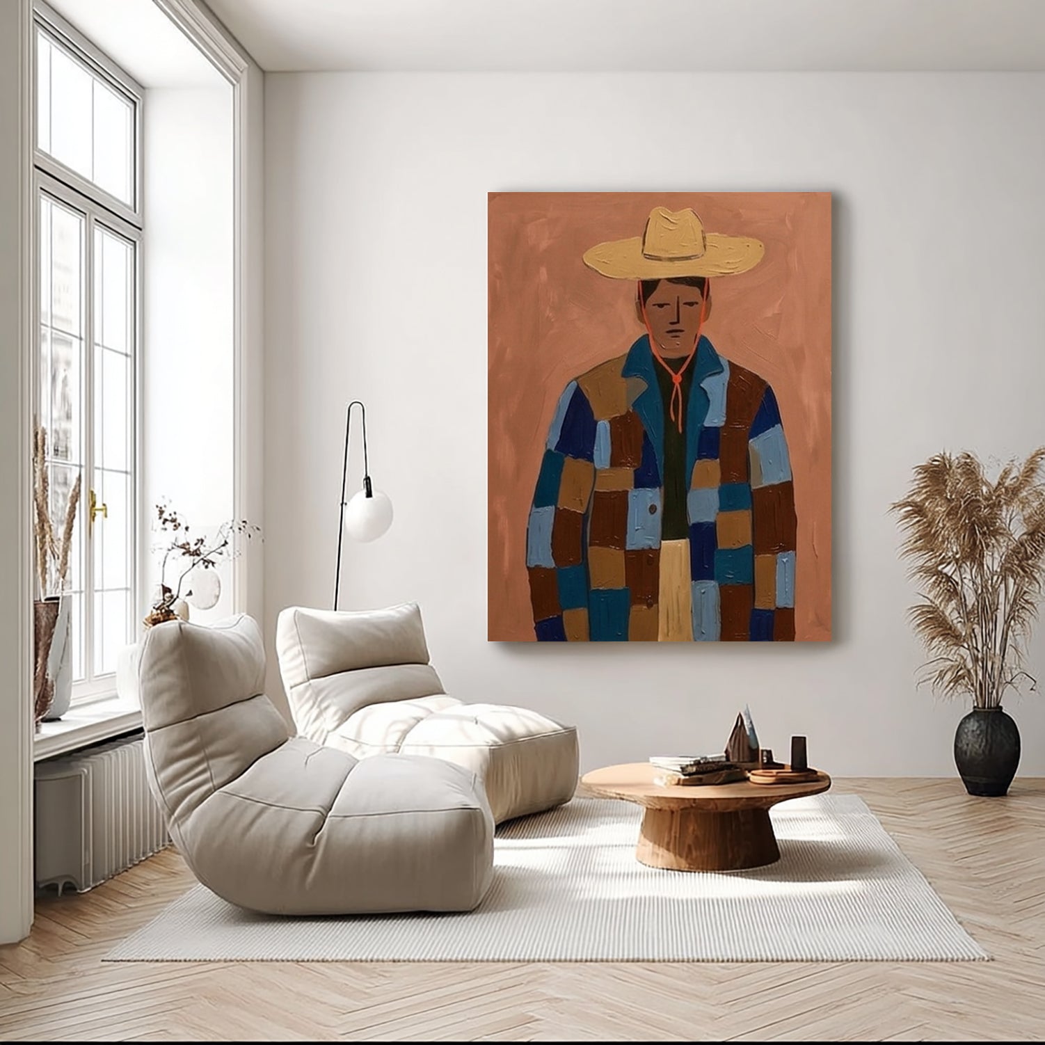 Modern Portrait Oil Painting , Abstract Man in Patchwork Jacket Canvas Art, Japandi Wall Decor