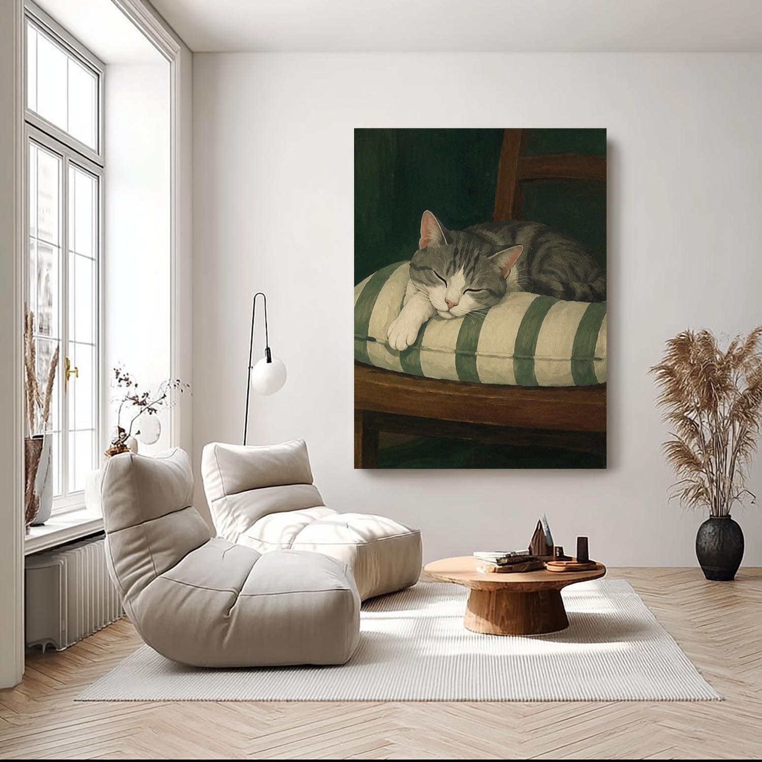 Mid-century Modern Sleeping Cat Oil Painting Modern Wabi-Sabi Style Pet Portrait art