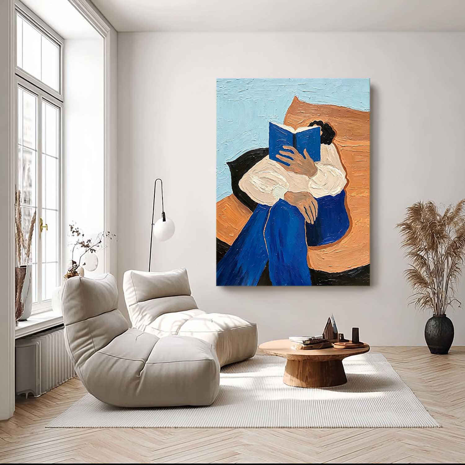 Thick Impasto Oil Painting Girl Reading Book, 3D Textured Modern Wall Art