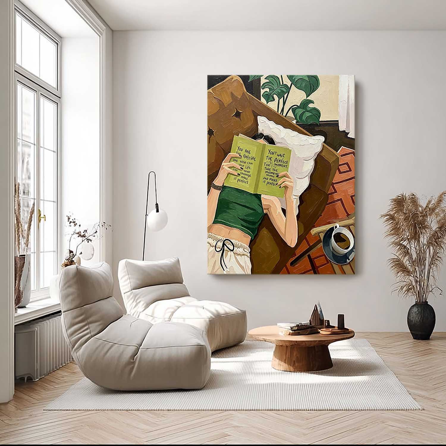 Textured Oil Painting Girl Reading Book with Quote, Modern Impasto Wall Art