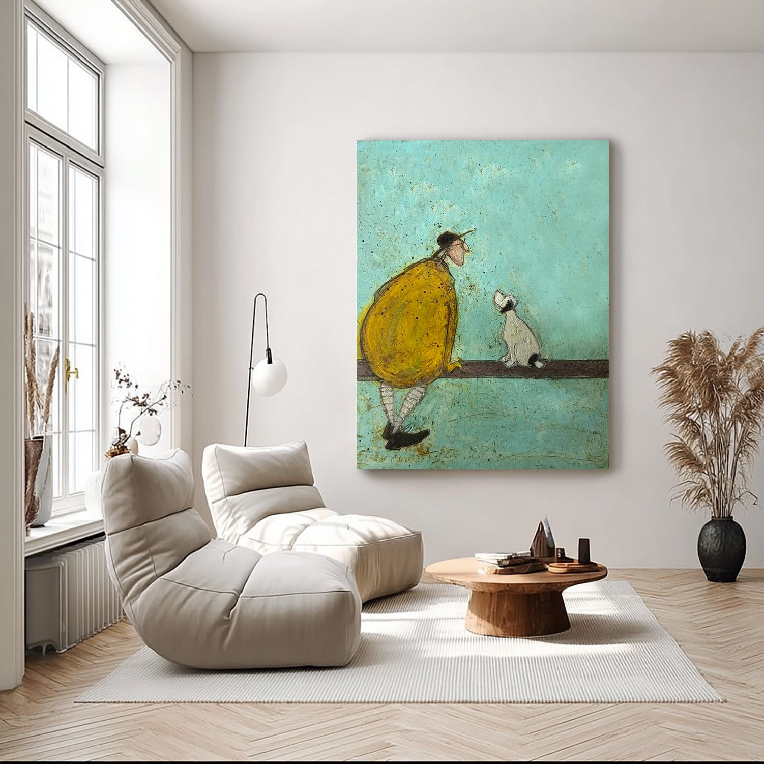 Whimsical Man and Loyal Dog Canvas Wall Art - Modern Minimalist Palette Knife Oil Painting for Living Room