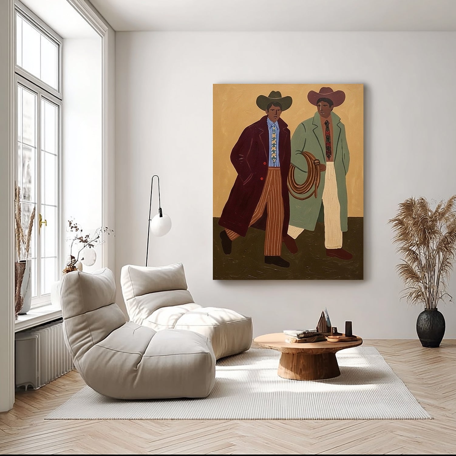Abstract Cowboys Art , Mid-Century Modern Two Men Walking Painting, Earth Tone Boho Wall art