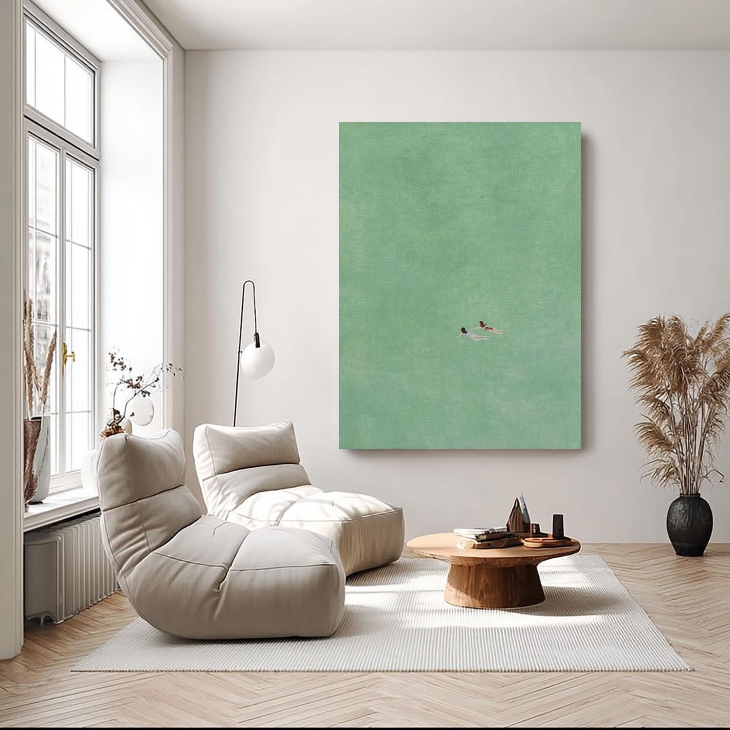 two girls swimming painting,Swimming Drawing Large green wall art, Green Minimalist Painting