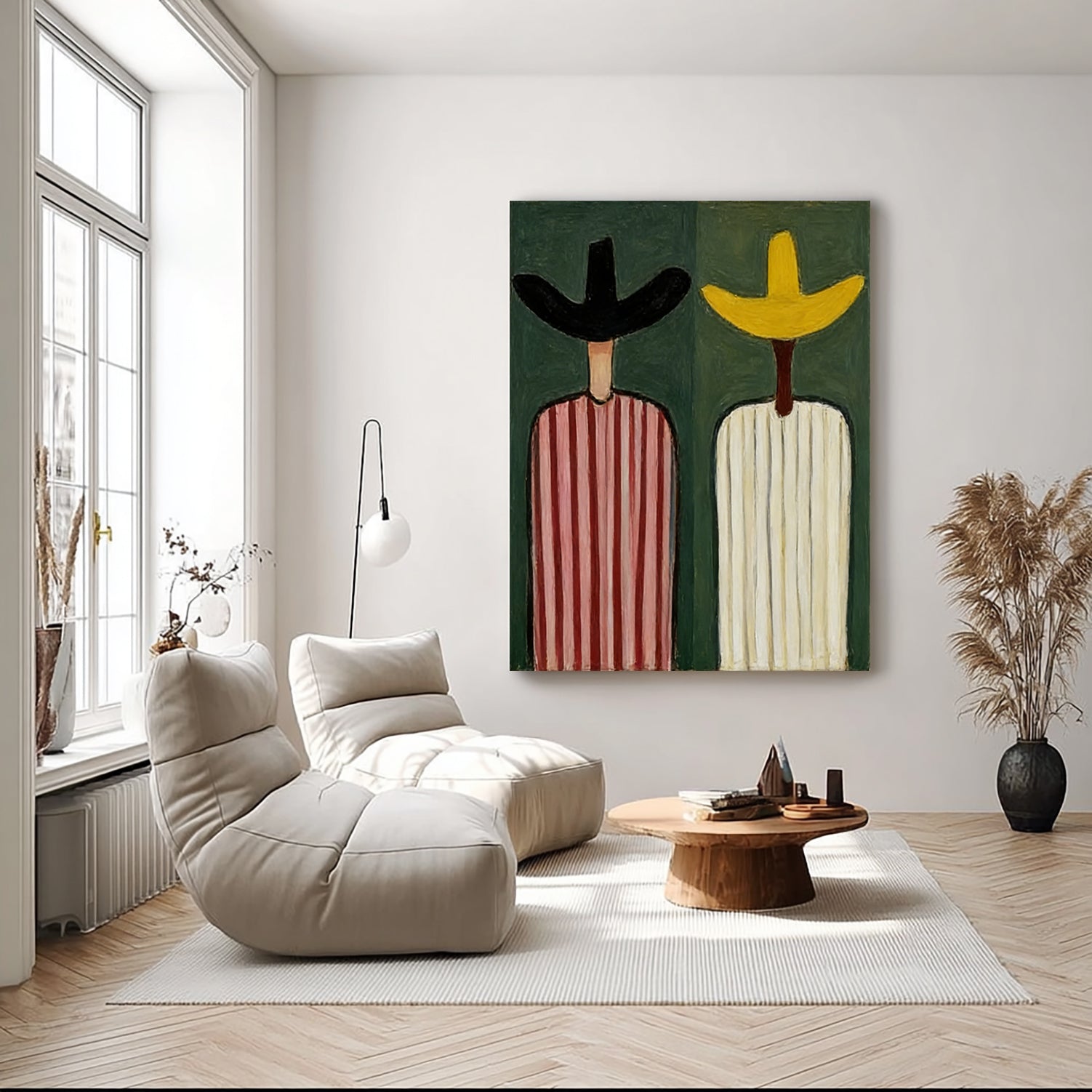 Modern Abstract Cowboy Oil Painting - Mid-century modern colorful striped figures