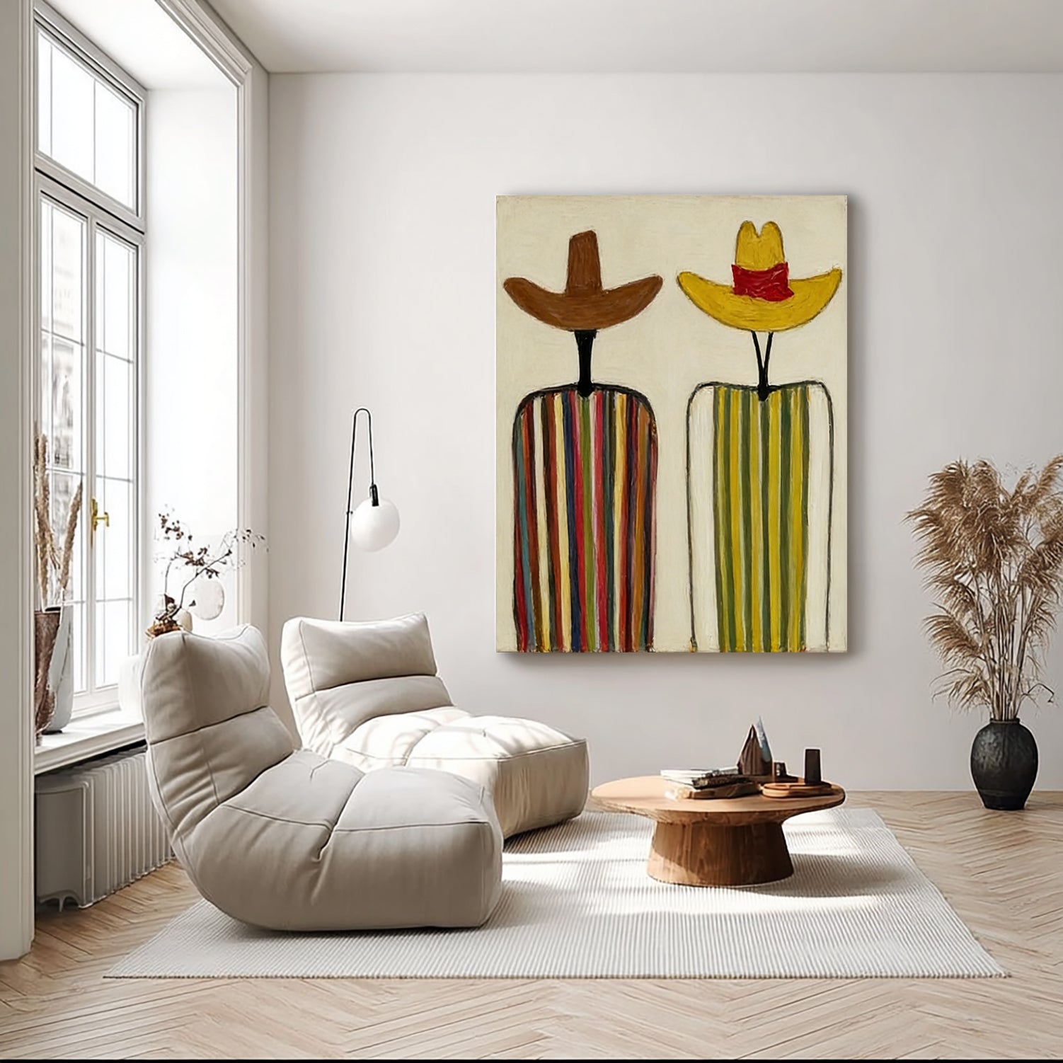 Modern Abstract Cowboy Oil Painting - Hand-Painted Minimalist Figures in Sombreros
