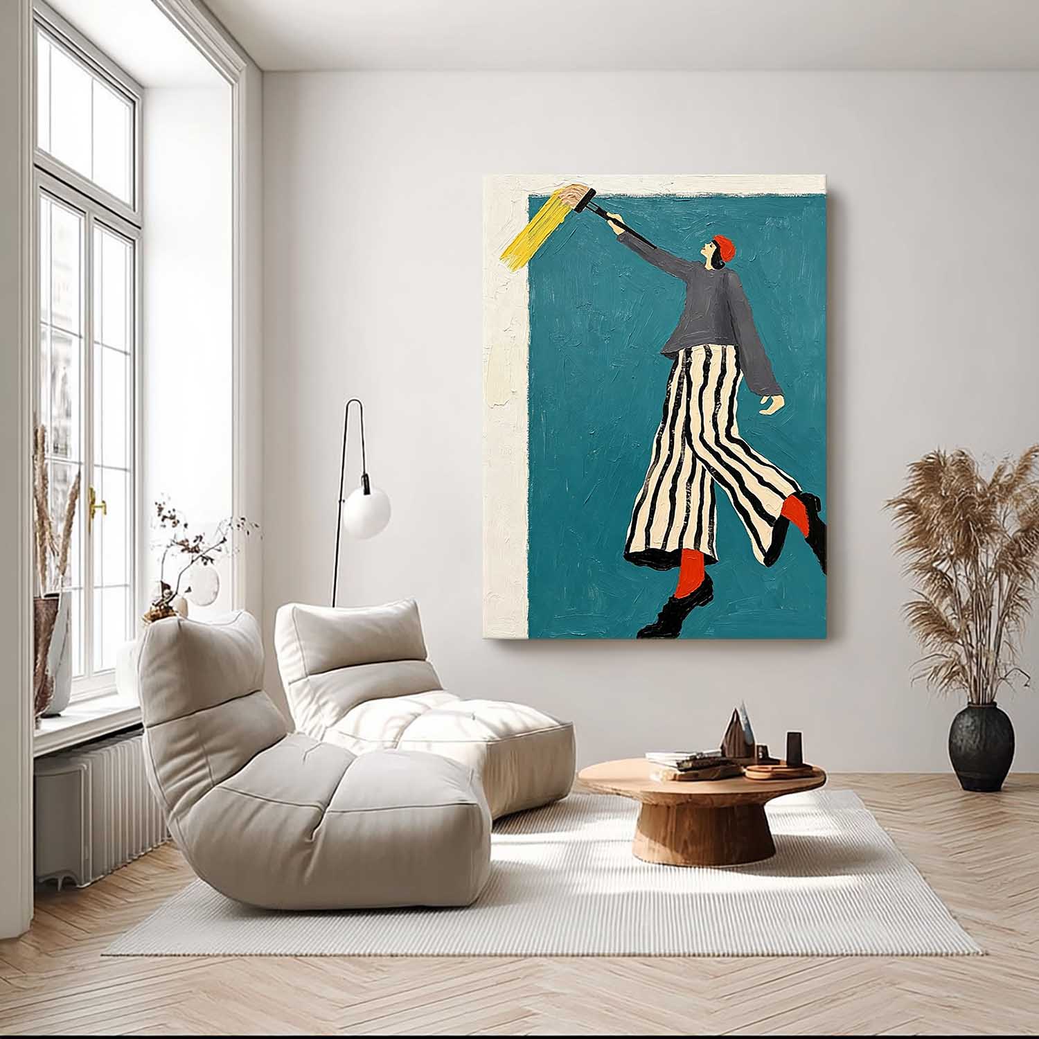 Modern Fashion Wall Art – Woman in Striped Skirt & Red Socks Canvas Painting – Chic Minimalist Home Decor, Stylish Canvas Artwork