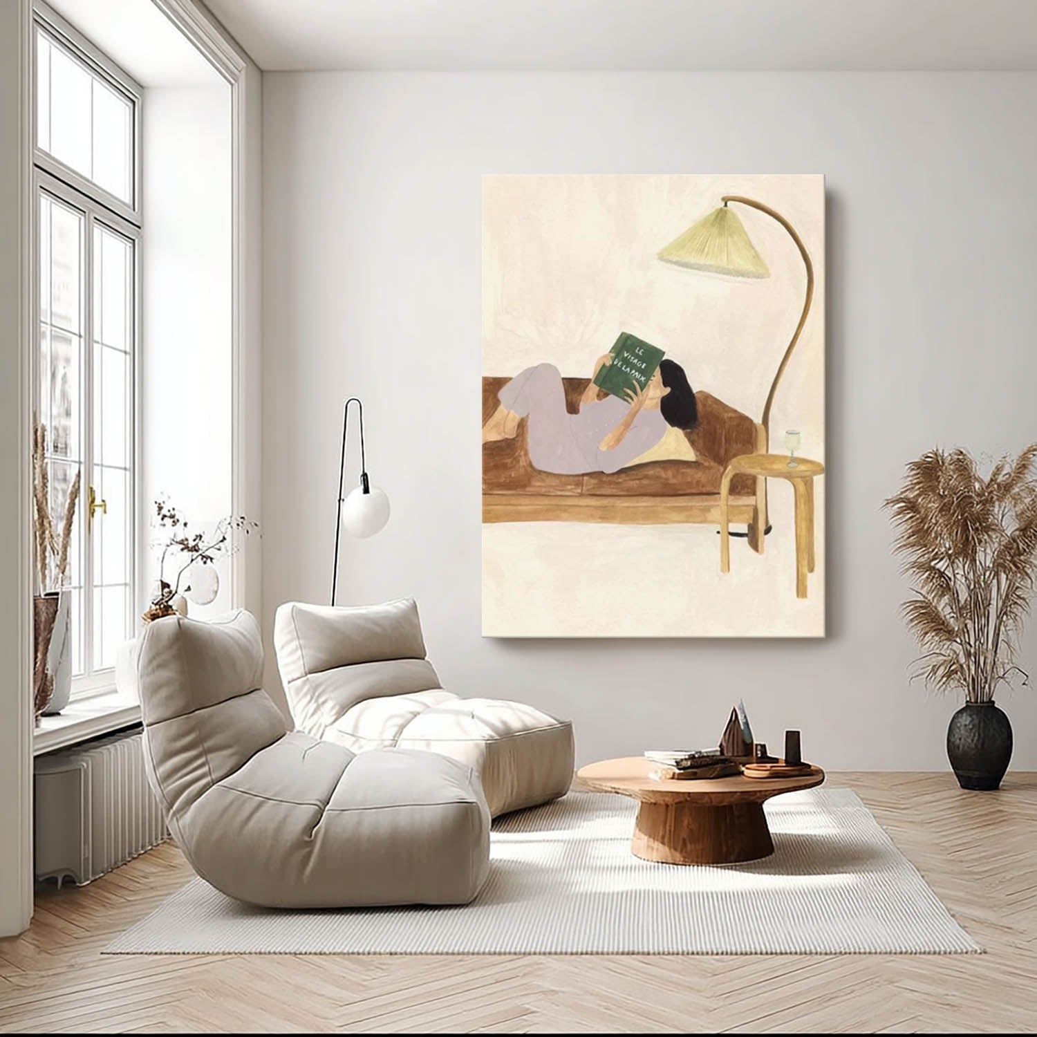 Modern Figurative Canvas Decor, Aesthetic Woman on Sofa, Neutral Tone Art