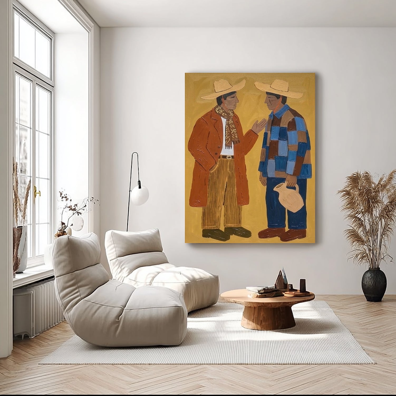 Abstract figure Art, Two Men in Straw Hats Painting, Mid Century Modern Rustic Folk Wall Decor