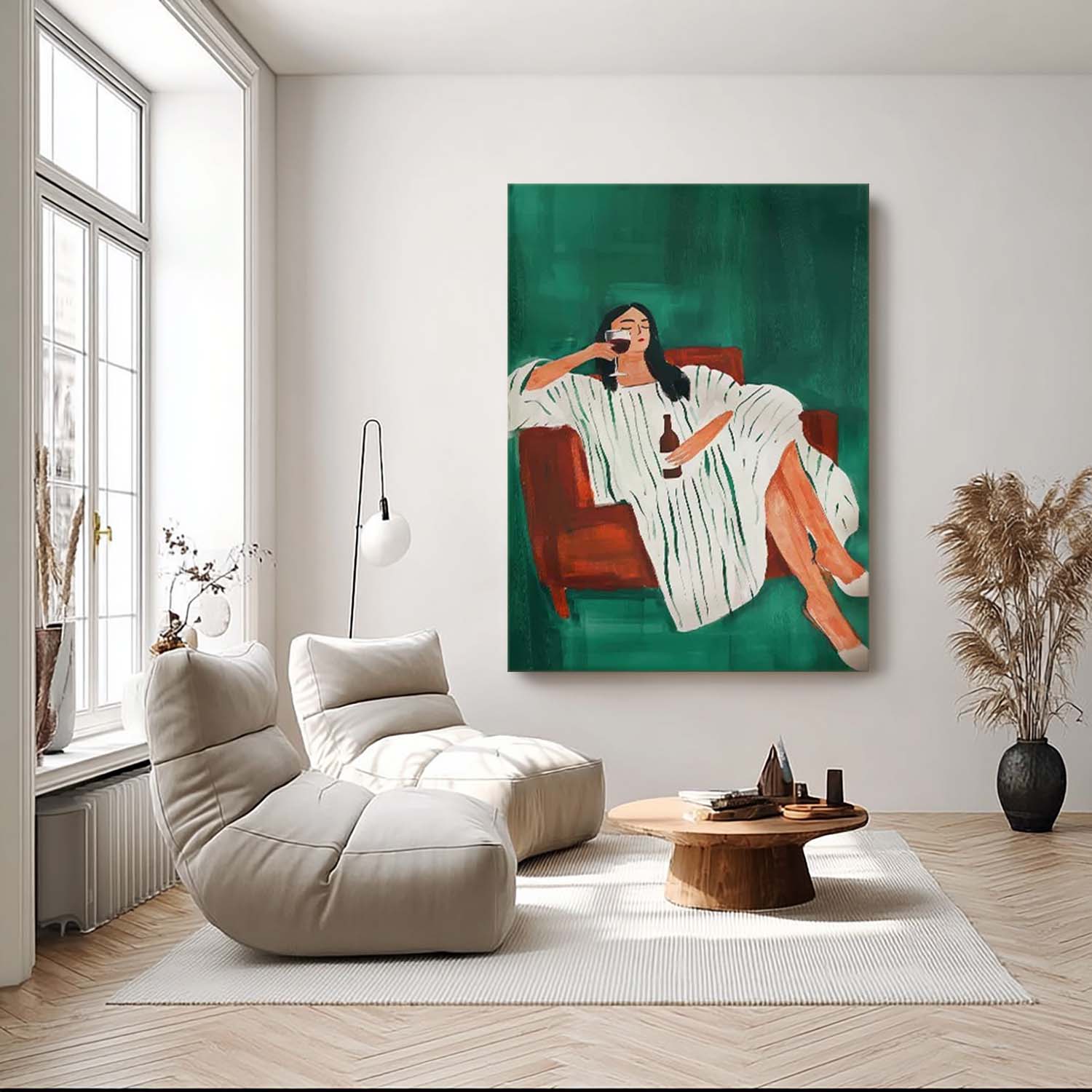 Modern Abstract Woman Lying on Sofa Art, Hand-Painted Green & White Stripes Decor