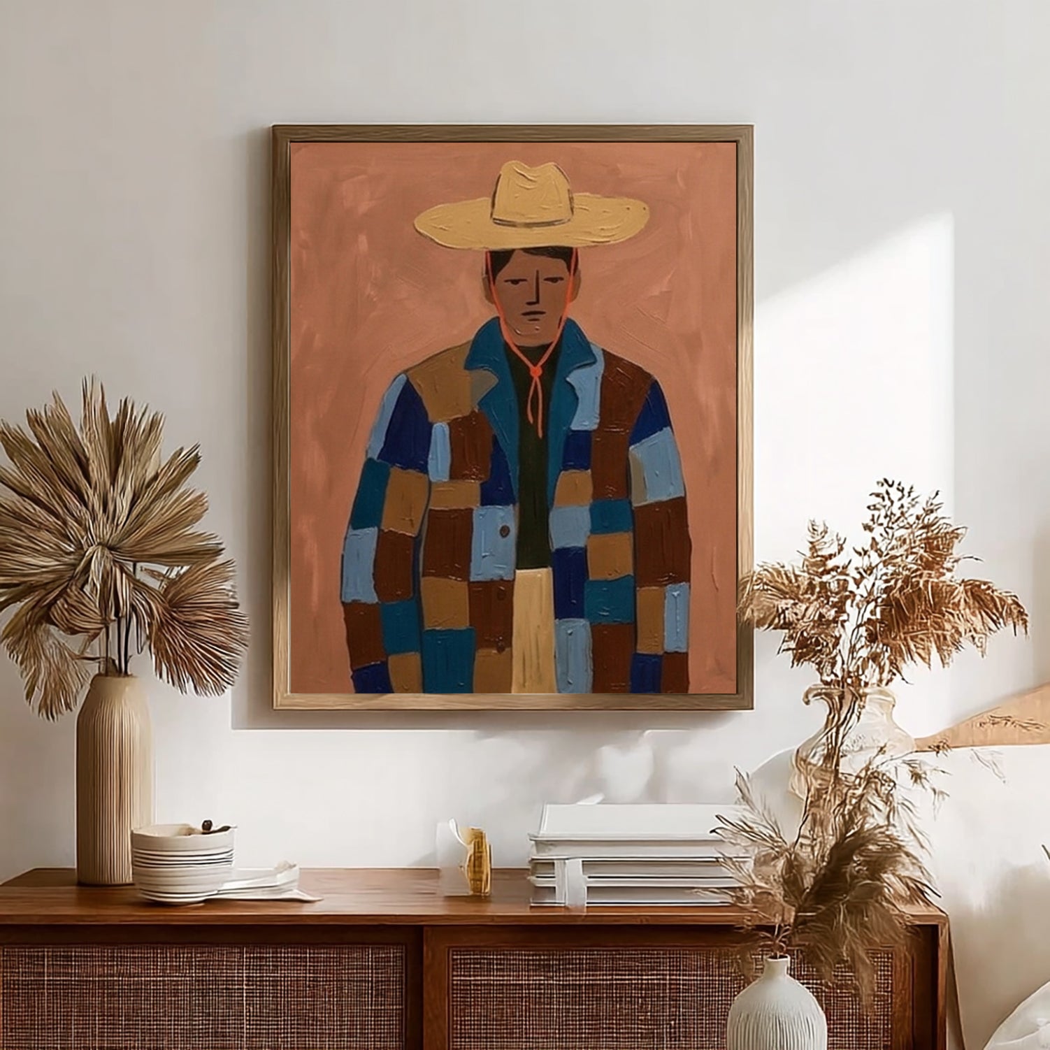 Modern Portrait Oil Painting , Abstract Man in Patchwork Jacket Canvas Art, Japandi Wall Decor