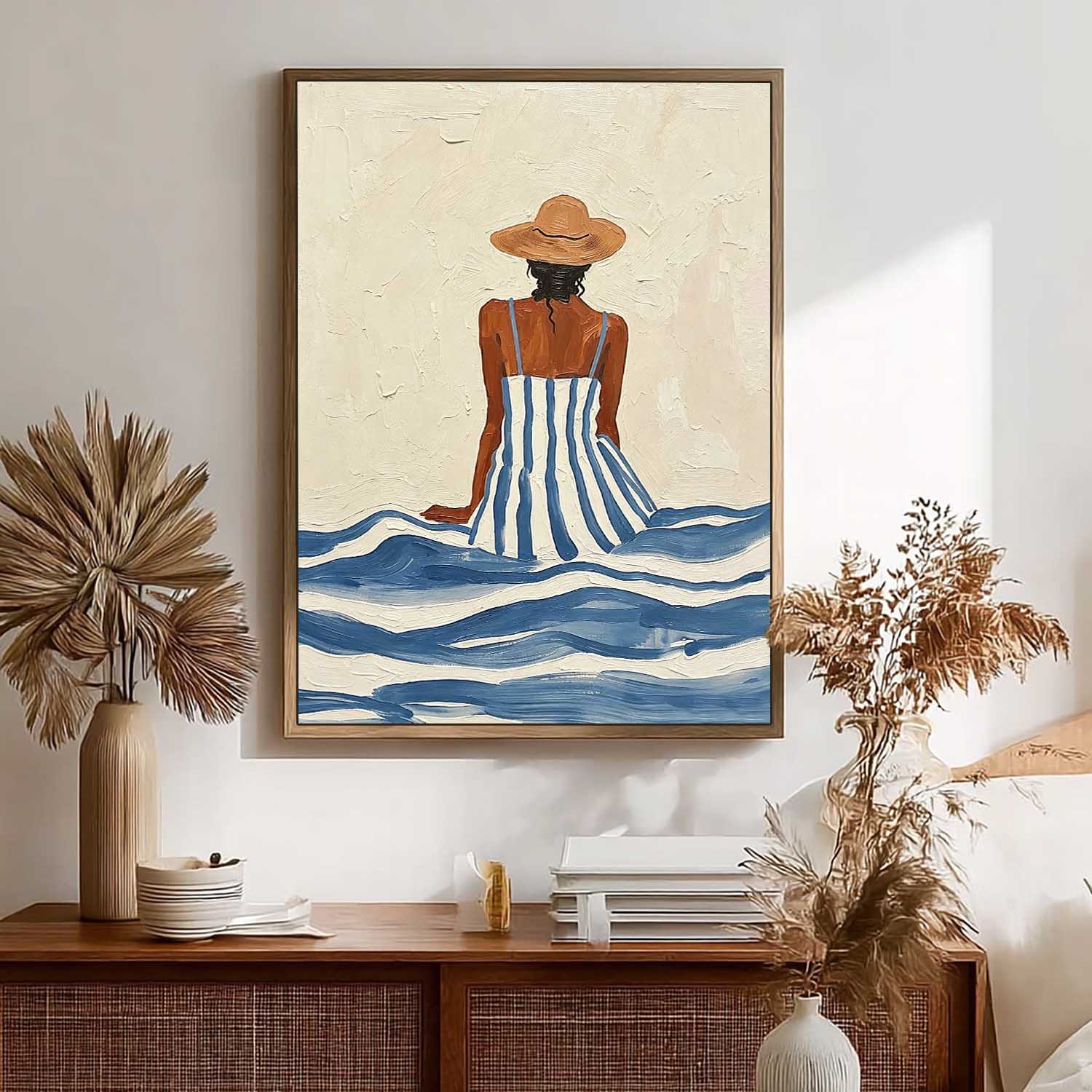 Summer Beach Wall Art – Woman Canvas Painting Coastal Canvas Artwork for Living Room