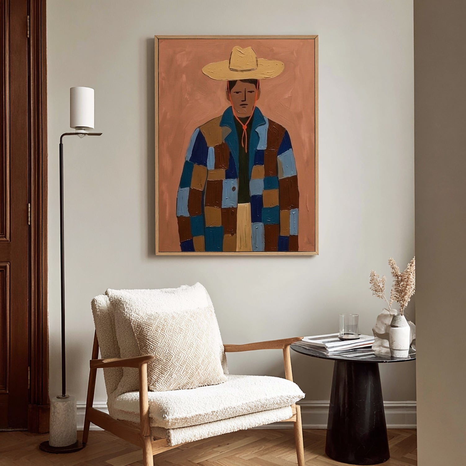 Modern Portrait Oil Painting , Abstract Man in Patchwork Jacket Canvas Art, Japandi Wall Decor