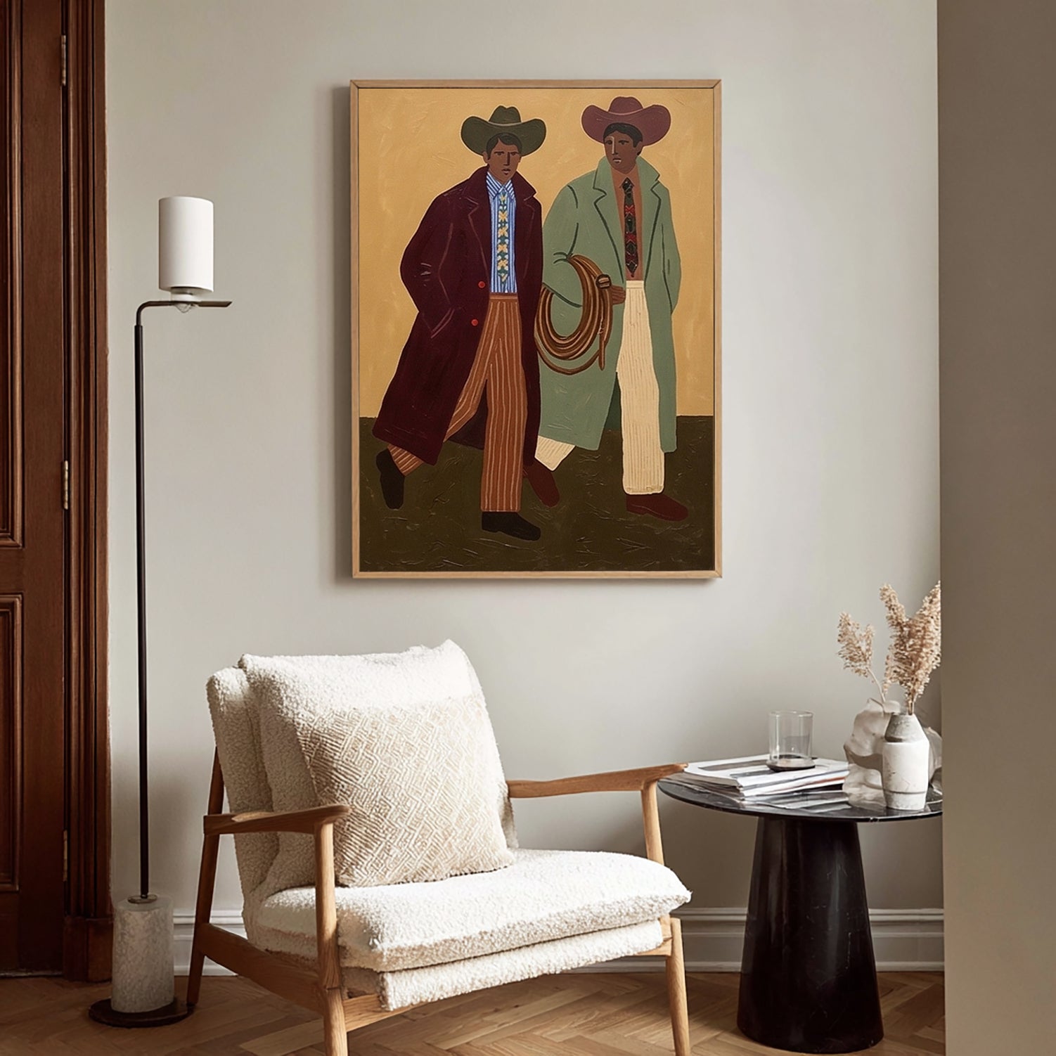 Abstract Cowboys Art , Mid-Century Modern Two Men Walking Painting, Earth Tone Boho Wall art